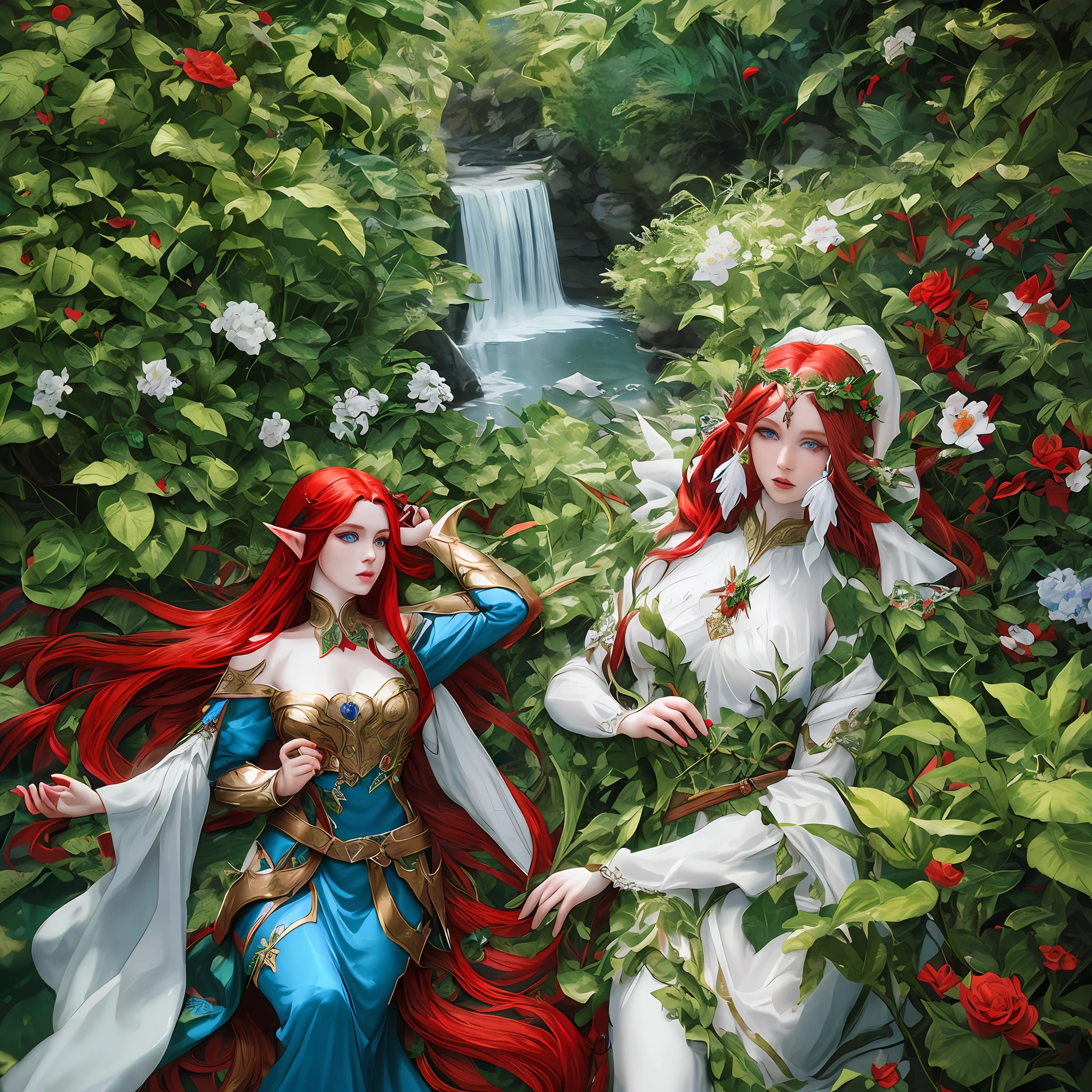 Elf Woman,With Long Red Hair,Silky & Shiny,Bright & Detailed Blue Eye,Fleshy and Red Lab,Pointy Elf Ear,Flowers In Hair Detailed,Dress Made Of Green Leaf,Detailed,High Resolution,HD 4K 8K