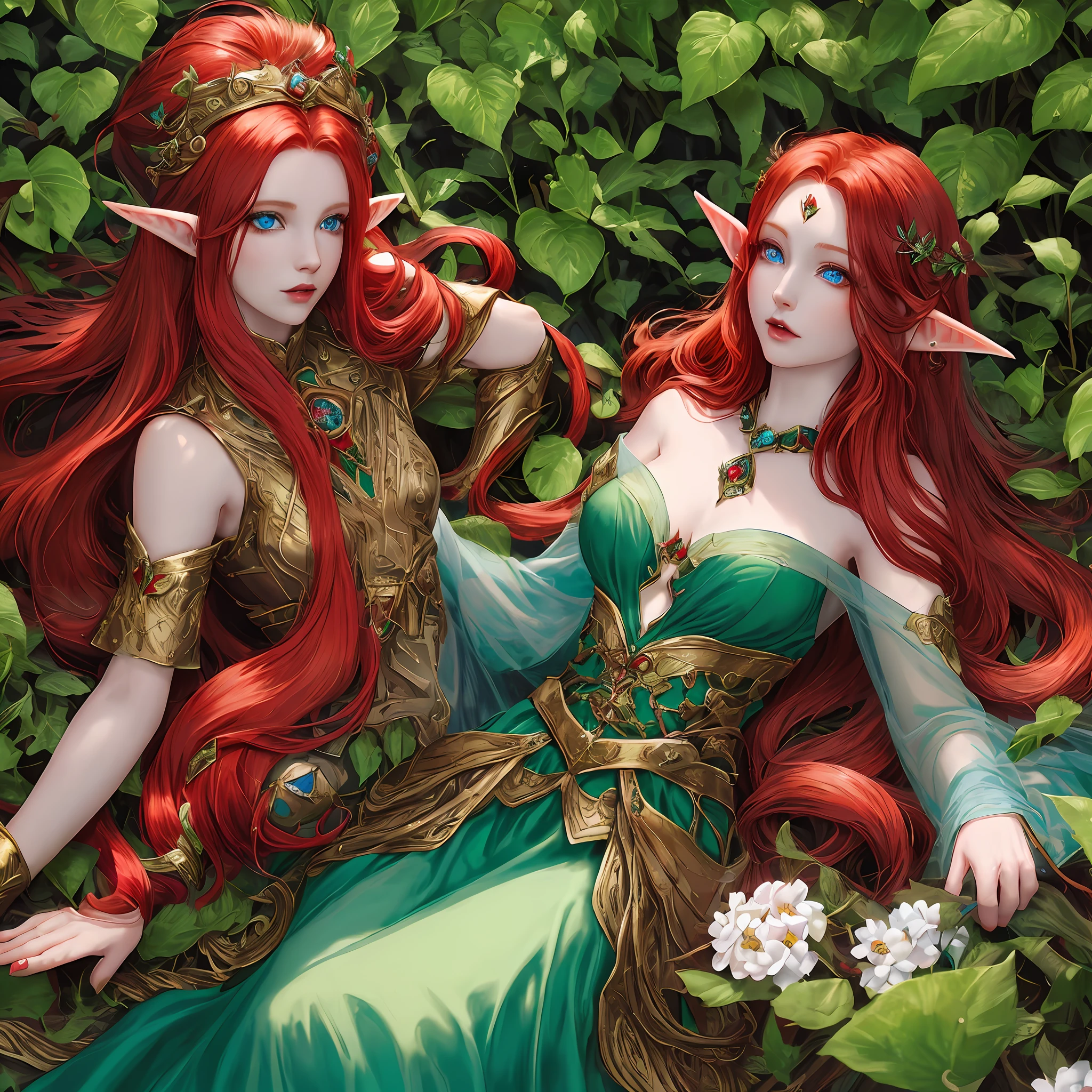 Elf Woman,With Long Red Hair,Silky & Shiny,Bright & Detailed Blue Eye,Fleshy and Red Lab,Pointy Elf Ear,Flowers In Hair Detailed,Dress Made Of Green Leaf,Detailed,High Resolution,HD 4K 8K