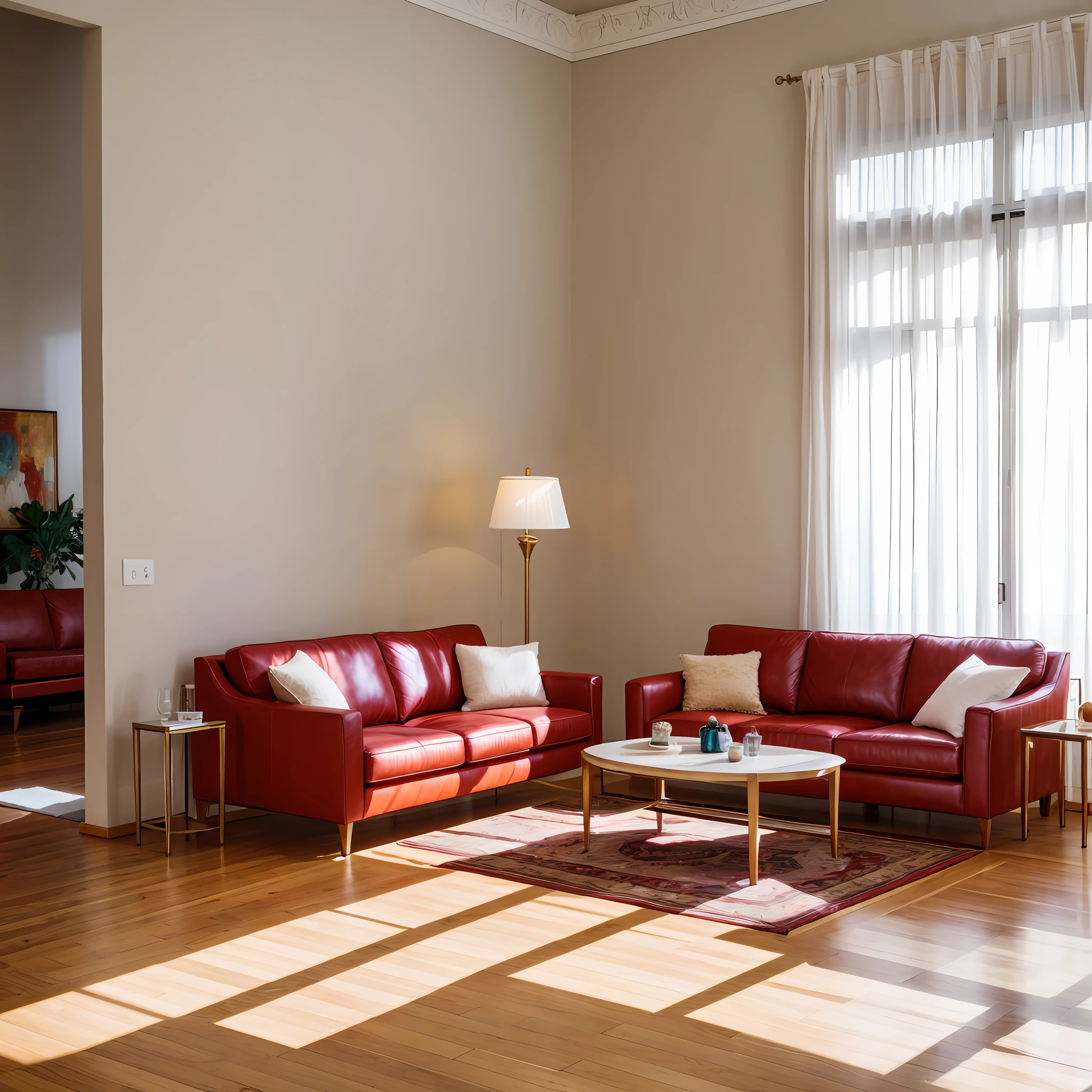 a photo of luxury apartment, living room, wooden floor, white walls, red leather sofa, lamp, summer day, soft shadows, hyperrealistic surrealism, award-winning masterpiece with incredible detail, breathtaking epic