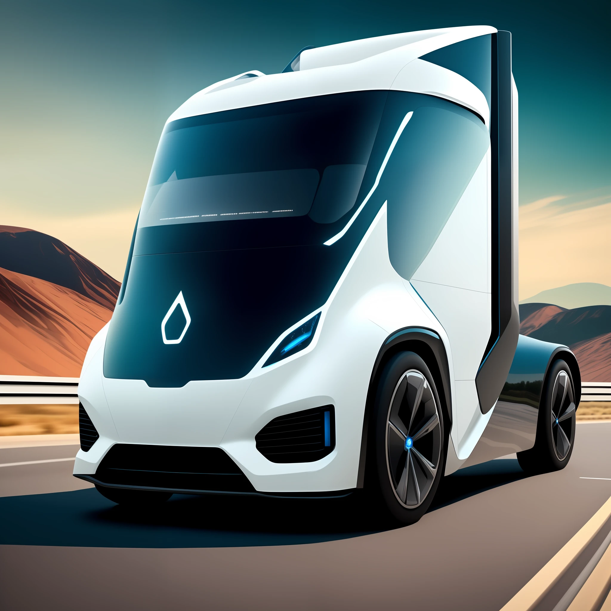 a close up of a white truck driving down a road, very futuristic, new vehicle, trending on vehicle design, vehicle concept photo!!, hydrogen fuel cell vehicle, futuristic vehicle, artistic render, by Kurt Roesch, futuristic vehicles, futuristic product car shot, truck, sleek design, sleek streamlined design, crisp smooth lines, smooth technology, vehicle illustration, cybertruck