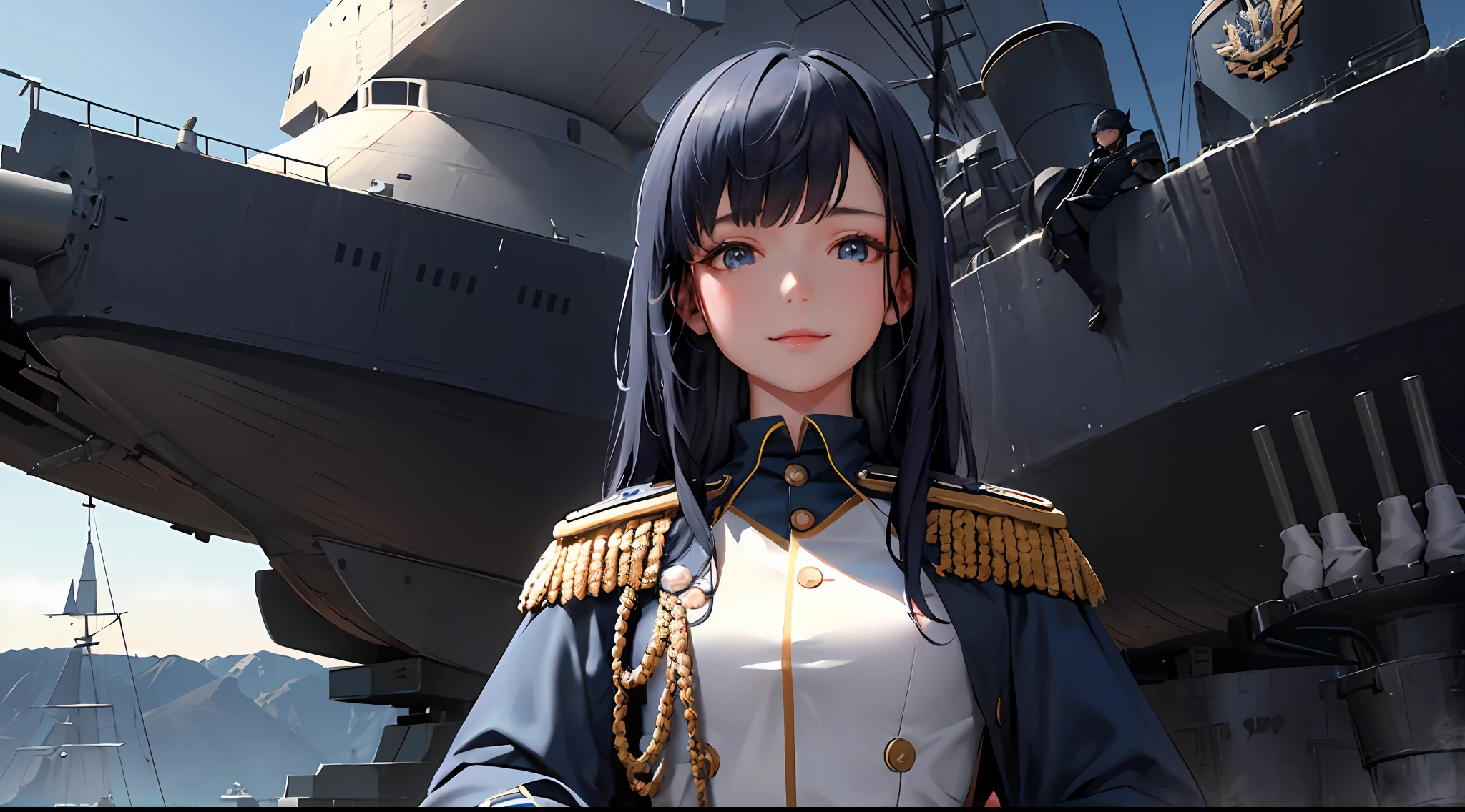 Modest outfit, remote shot, detailed beautiful delicate face, detailed beautiful delicate eyes, perfect facial proportions, high-definition skin, fine skin, four-inch best ratio. With one thumb, masterpiece, highly detailed, realistic, (WWII German naval general uniform reference : 1.8), highest facial resolution, 26 years old, modestly dressed woman, covertly dressed. ,( small, dark blue hair, long hair and super detailed bangs, dark blue eyes), futuristic, science fiction, warship, standing on a warship, government agency, hilarious personality, smiling face. ,war