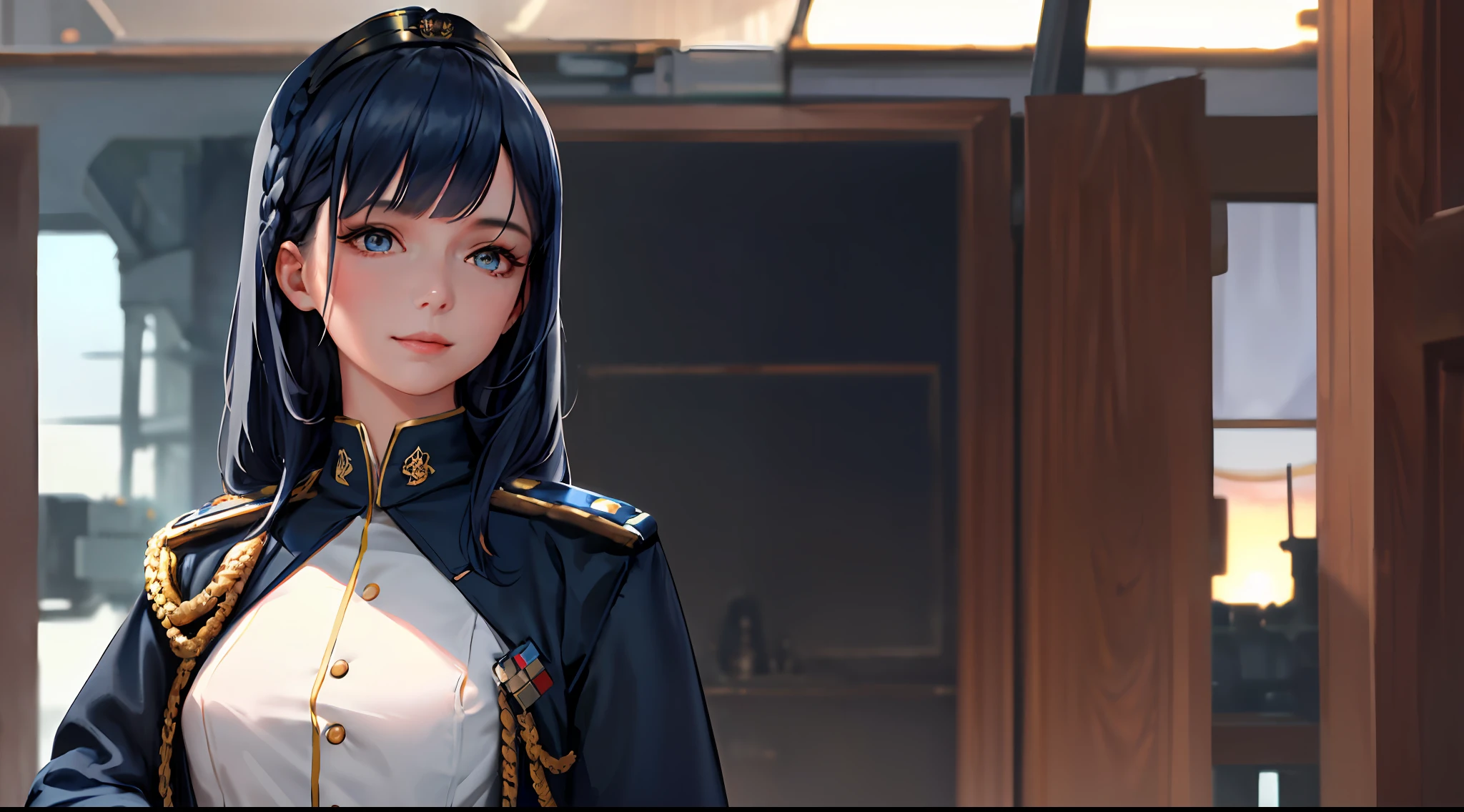 Modest outfit, remote shot, detailed beautiful delicate face, detailed beautiful delicate eyes, perfect facial proportions, high-definition skin, fine skin, four-inch best ratio. With one thumb, masterpiece, highly detailed, realistic, (WWII German naval general uniform reference : 1.8), highest facial resolution, 26 years old, modestly dressed woman, covertly dressed. ,( small, dark blue hair, long hair and super detailed bangs, dark blue eyes), futuristic, science fiction, warship, standing on a warship, government agency, hilarious personality, smiling face. ,war