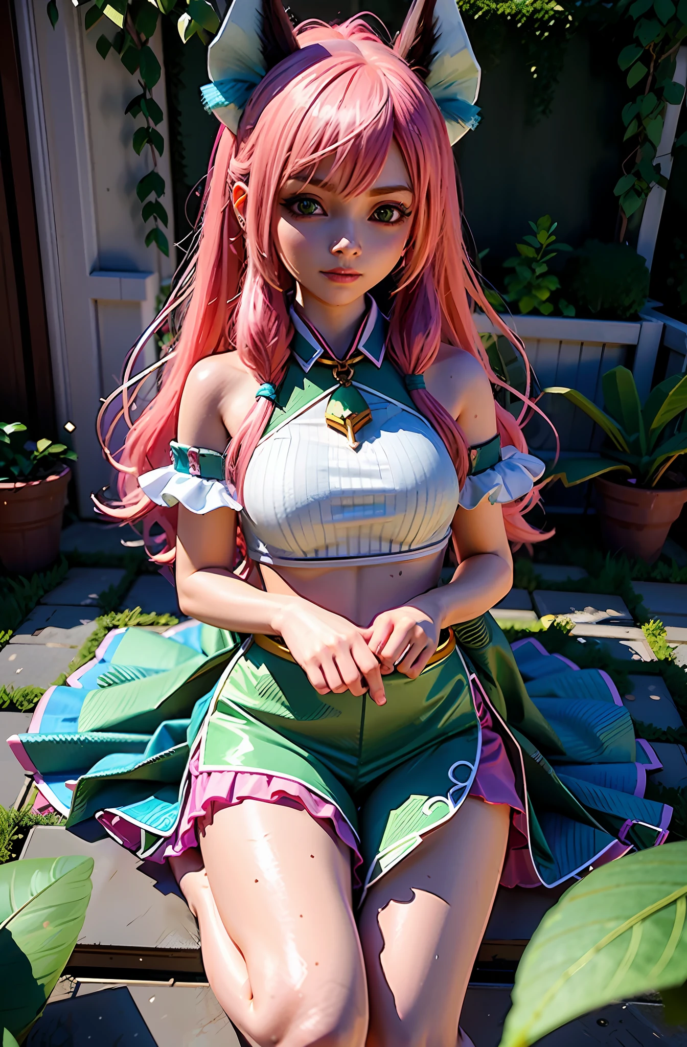 girl with pink hair and green ears sitting on a bed, fantasy art style, 8k high quality detailed art, deviantart artstation cgscosiety, 2. 5 d cgi anime fantasy artwork, detailed digital anime art, cute detailed digital art, 3 d render character art 8 k, anime fantasy illustration, digital fantasy art ), epic fantasy art style