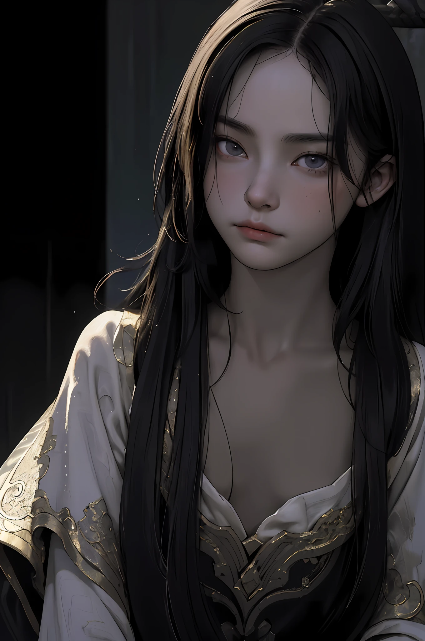 (best quality, masterpiece1.2), (detailed eye:1.2), intricate detail, (depth of field:1.3), 20-year-old boy, dark hair, dark eyes, ancient china, dark lighting, gloomy mood, long hair, look at the viewer,