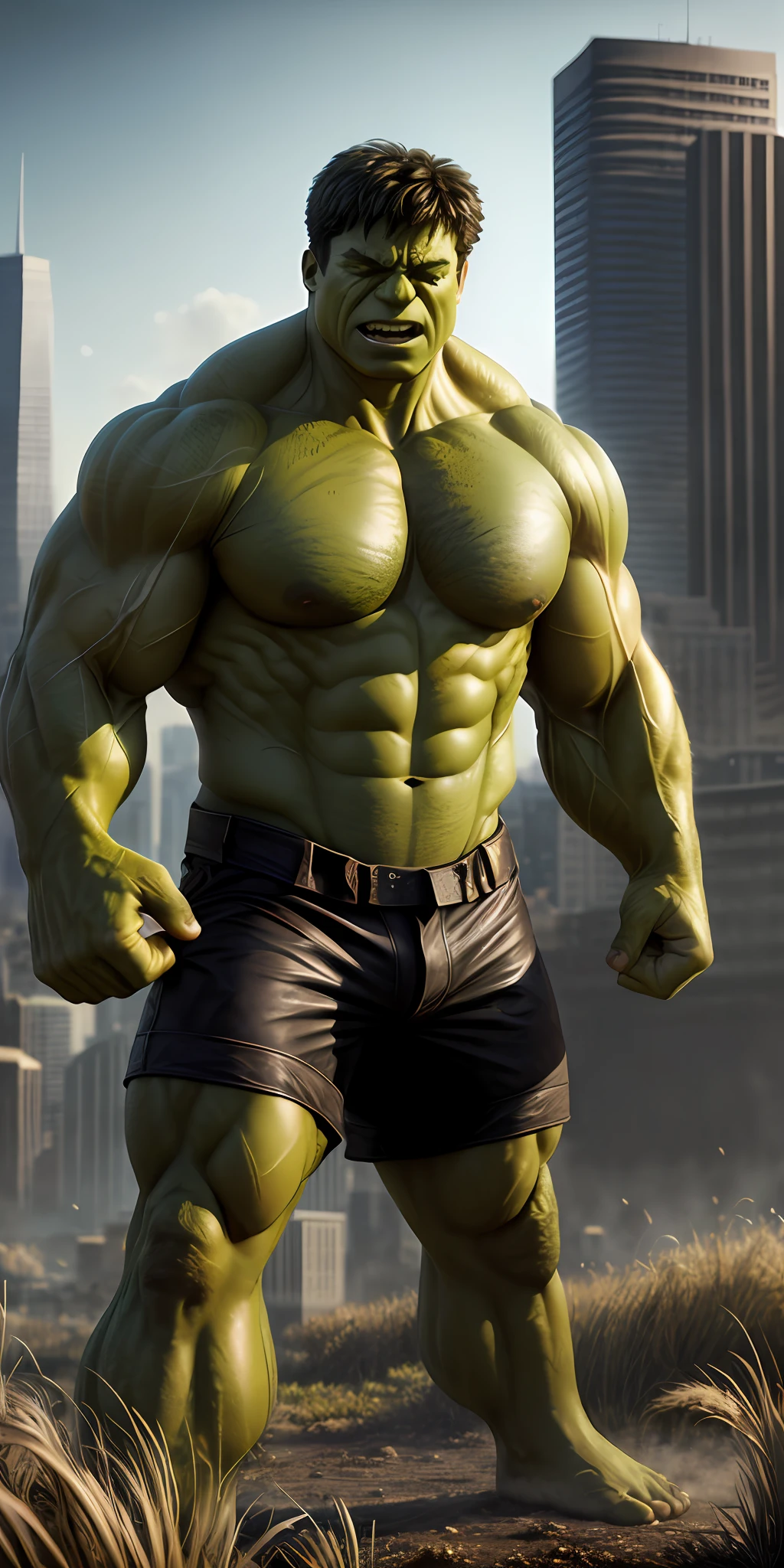 hulk (( proud expression)), masterpiece, best quality, ultra-detailed, ground, city background, shadows, contrast, clear sky, analog style (look at viewer:1.2) (skin texture) (film grain:1.3), ultra-high resolution, octane render, 16k