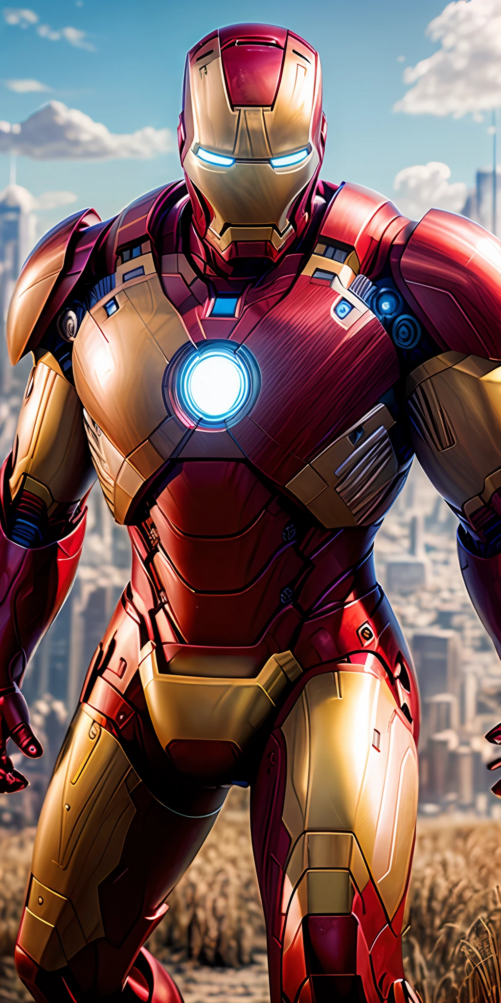 iron man (( proud expression)), masterpiece, best quality, ultra-detailed, ground, city background, shadows, contrast, clear sky, analog style (look at viewer:1.2) (skin texture) (film grain:1.3), ultra-high resolution, octane render, 16k