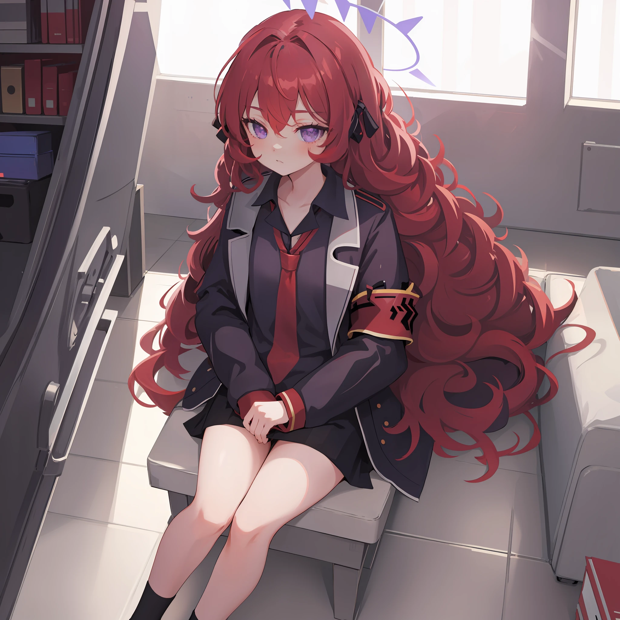 Masterpiece, best quality, strong outlines, portrait a girl, sitting, legs crossed, tight highs, Iroha, portrait, 1girl, loli, (solo), solo focus, face focus, red super long hair, red color hair, wavy hair, beautiful detailed eyes, grey eyes, purple halo, beautiful, military black uniform, office, backlight, close view, low perspective, (8k) perfect anatomy, no extra limbs