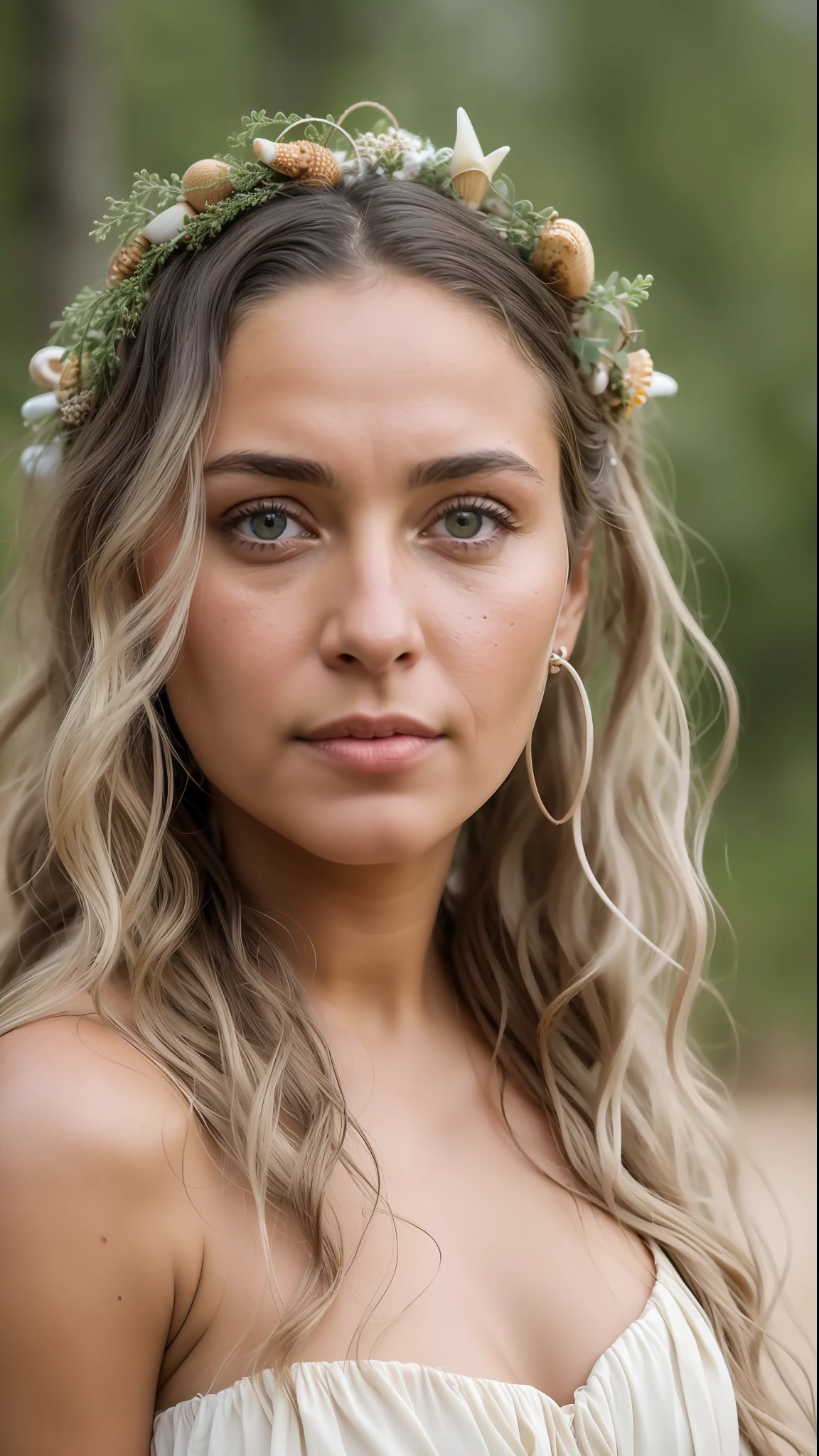 RAW photo, post-apocalyptic, close-up portrait photo of a 42-year-old woman in beige and white dress, wreath and shells, voluminous wavy gray hair, leathery, rough skin, dark eyes that saw too much, piercing gaze, worn by battle, a wooded landscape, a scorching sun, intense color, (highly detailed skin: 1.2), Greek goddess Aphrodite, 8k uhd, dslr, soft lighting, high quality, grain film, Fujifilm XT3