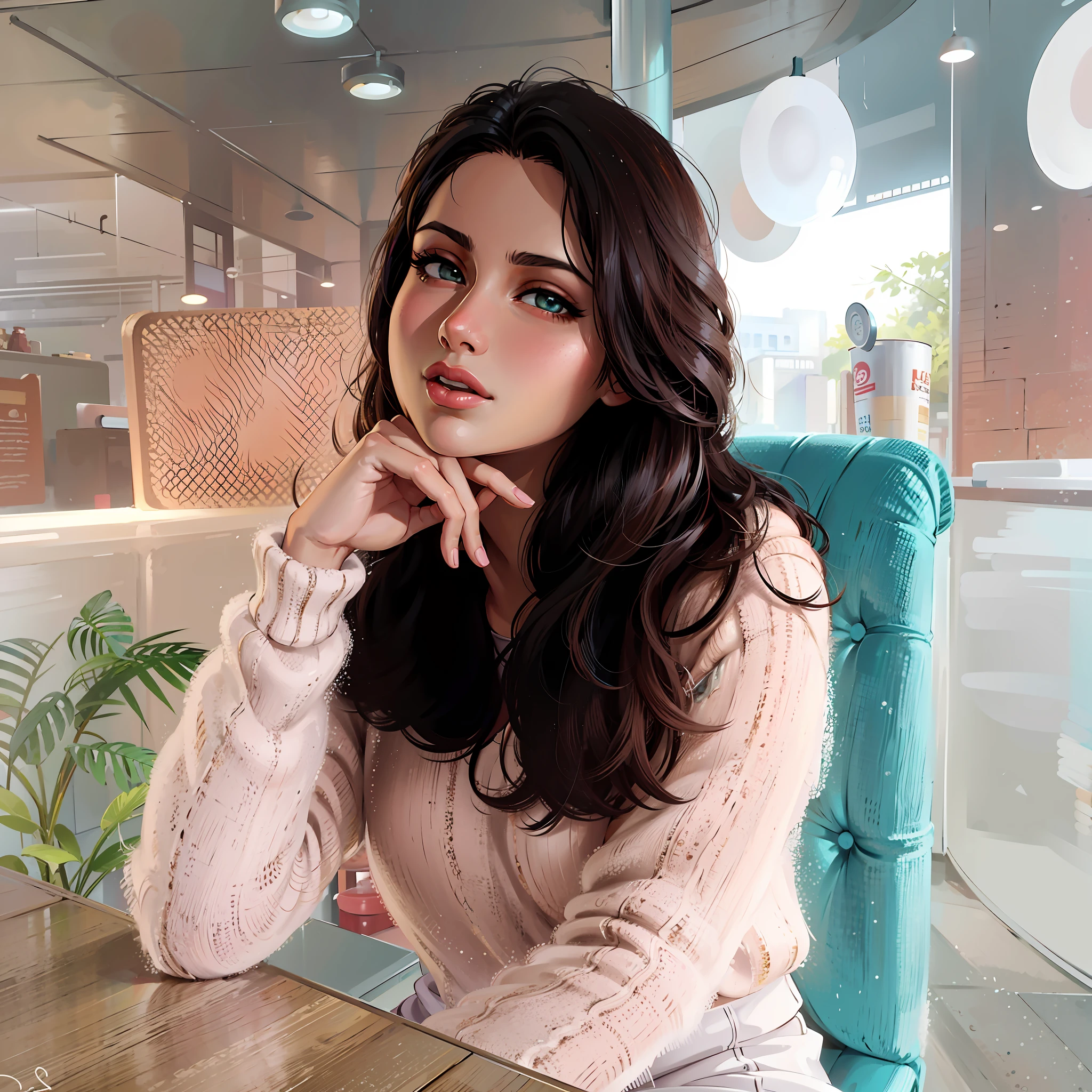 (masterpiece),(best quality:1.0), (ultra highres:1.0), detailed illustration, 1 girl, sitting on a green chair, coffee shop. hand on chin, pretty face, cute anime girl, pretty eyes, brown pupils, detailed eyes with highlights, slight brown hair, detailed hair, slight red lips, detailed lips, pretty lips, pink sweater, vibrant, anime style