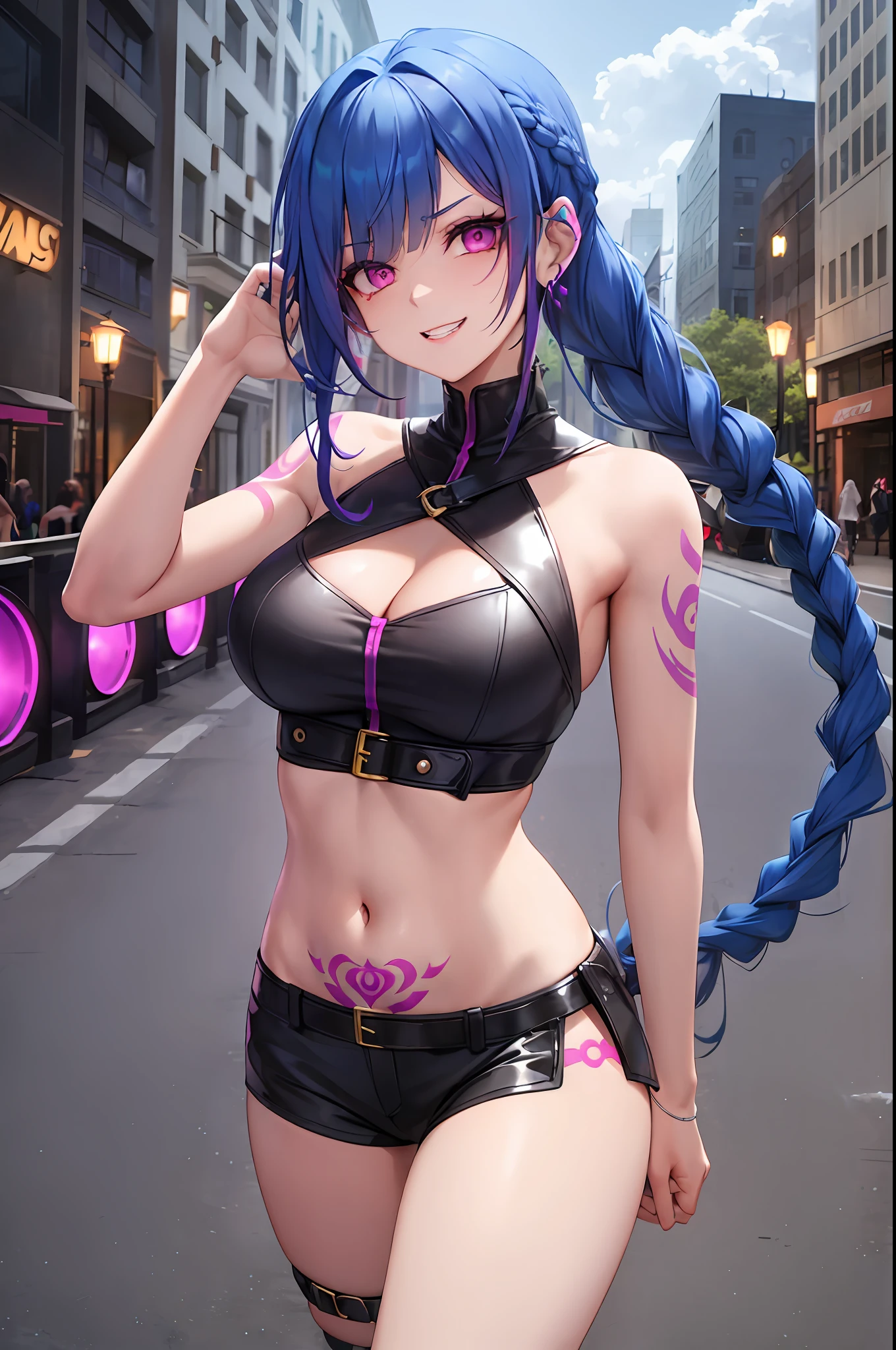 arcane style,
1girl, arm tattoo, asymmetrical bangs, bangs, blue hair, braid, brown shirt, cloud tattoo, looking at viewer, laughing, crazy, uncontrollable laugh, mad look, night, city, green hair, long hair, midriff, pink eyes, red lips, shirt, solo, standing, tattoo, twin braids, upper body, arcane jinx, jinx \(league of legends\)