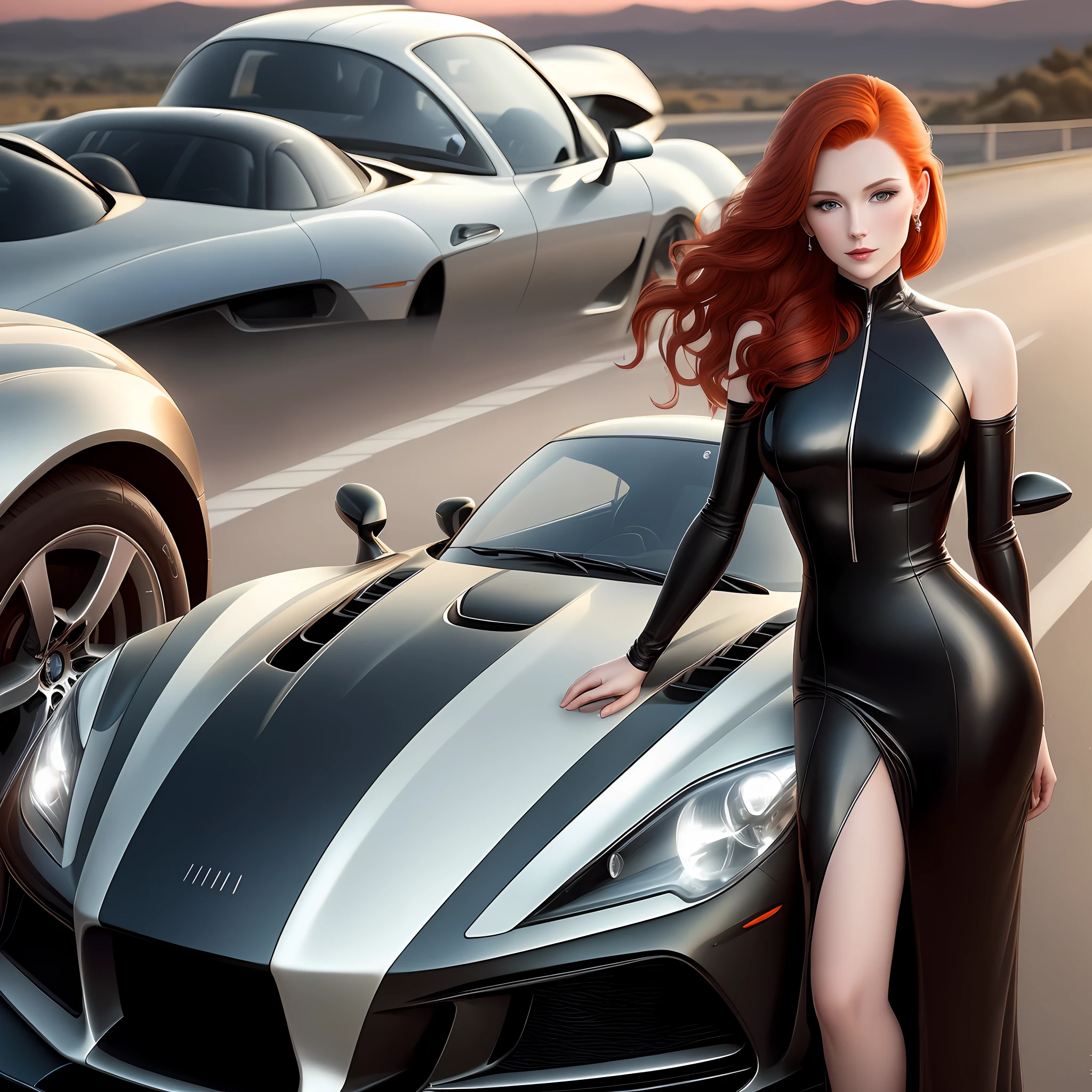 A redhead woman exudes timeless elegance as she leans against a sports car, bathed in the soft glow of dusk. Her eyes sparkle with a hint of mischief, mirroring the spirit of the sleek vehicle by her side. The car, an embodiment of speed and luxury, shimmers under the evening sky, its lines mirroring the woman's graceful posture. The road, stretching into the distance, symbolizes the untamed adventure that awaits. The photograph encapsulates a moment of allure and sophistication, with the woman's magnetic presence adding an air of mystery to the scene