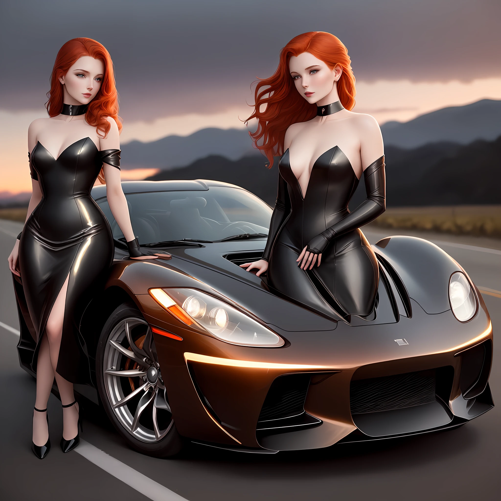A redhead woman exudes timeless elegance as she leans against a sports car, bathed in the soft glow of dusk. Her eyes sparkle with a hint of mischief, mirroring the spirit of the sleek vehicle by her side. The car, an embodiment of speed and luxury, shimmers under the evening sky, its lines mirroring the woman's graceful posture. The road, stretching into the distance, symbolizes the untamed adventure that awaits. The photograph encapsulates a moment of allure and sophistication, with the woman's magnetic presence adding an air of mystery to the scene