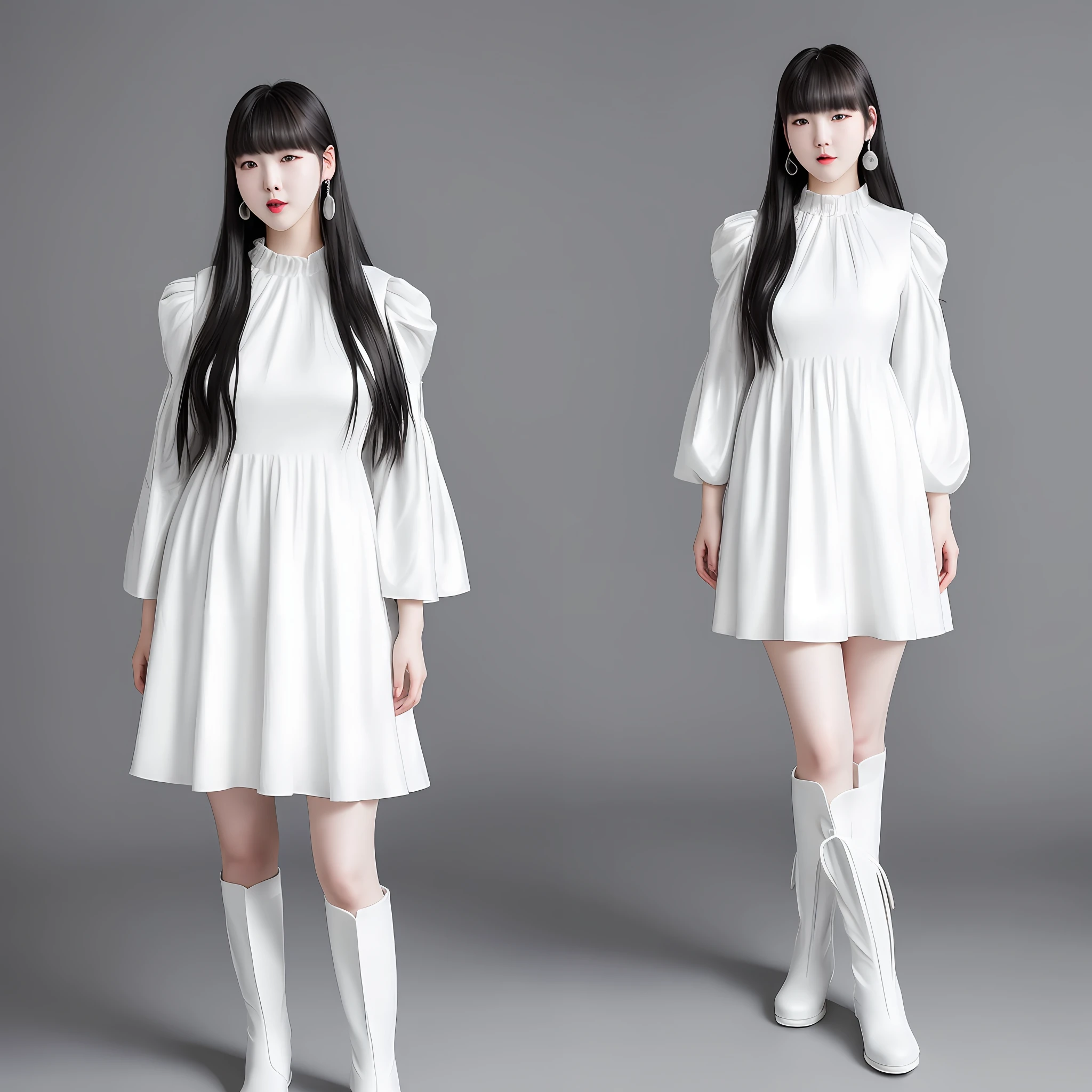 yerin is wearing a silver one sleeve dress with white boots on her feet, long black hair, bangs, ((full body)), earrings, super realistic lifelike textured dramatic lighting