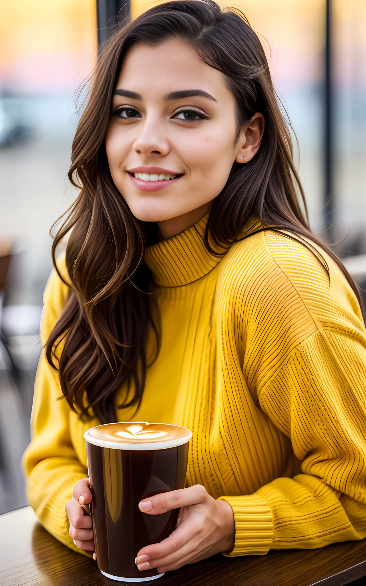 beautiful brunette wearing yellow sweater (sipping coffee inside a modern café at sunset), very detailed, 21 years old, innocent face, natural wavy hair, brown eyes, high resolution, masterpiece, best quality, intricate details, highly detailed, sharp focus, detailed skin, realistic skin texture, texture, detailed eyes, professional, 4k, charming smile, shot on Canon, 85mm, shallow depth of field,  kodak vision color, perfect fit body, extremely detailed, foto_\(ultra\), photorealistic, realistic, post-processing, maximum detail, roughness, real life, ultra realistic, photorealism, photography, 8k uhd, photography