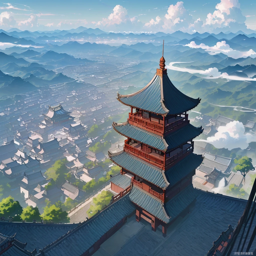 bird's eye view, panorama, landscape, (((high quality)), highly detailed, very detailed_CG_unity_8k_ wallpaper, illustration, high resolution, absurdity, high saturation, architecture, album cover, architecture, balcony, blue sky, Anhui, Huipai architecture street scene, Jiangnan scenery, cooking smoke, (ancient village), sunny day, city landscape, clouds, cloudy sky, daytime, house, mountain, outdoor, pagoda, horse head wall, power line, railing, real world location, road, roof, landscape, sky, skyline, Stairs, streets, (building complexes), towns, trees