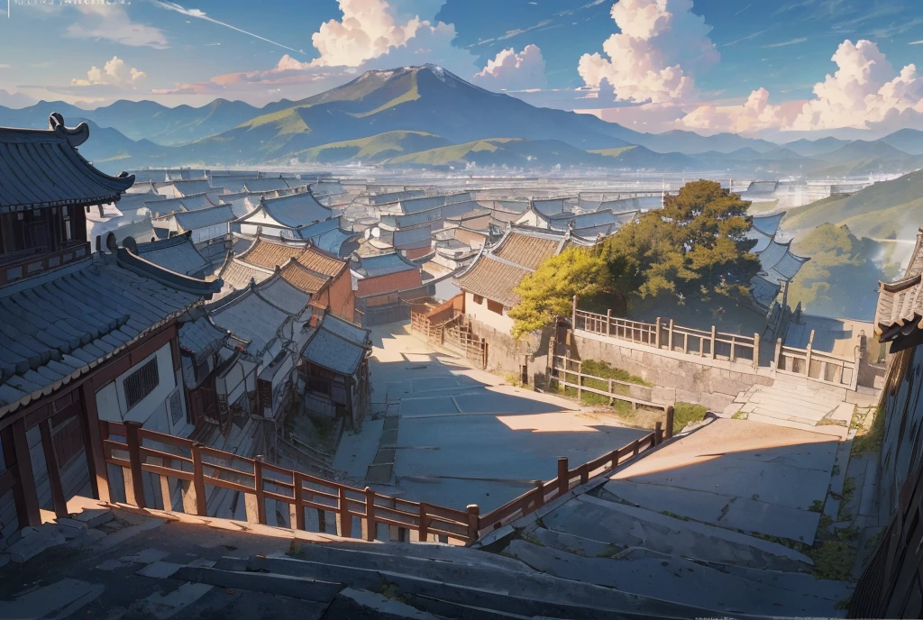 Panorama, landscape, (((high quality)), highly detailed, very detailed_CG_unity_8k_ wallpaper, illustration, high resolution, absurdity, high saturation, architecture, album cover, architecture, balcony, blue sky, Anhui, Huipai architecture, street scene, Jiangnan landscape, cooking smoke, ancient village, sunny day, city landscape, cloud, cloudy sky, daytime, house, mountain, outdoor, horse head wall, power line, railing, road, roof, landscape, sky, skyline, stairs, street, residence, town, tree