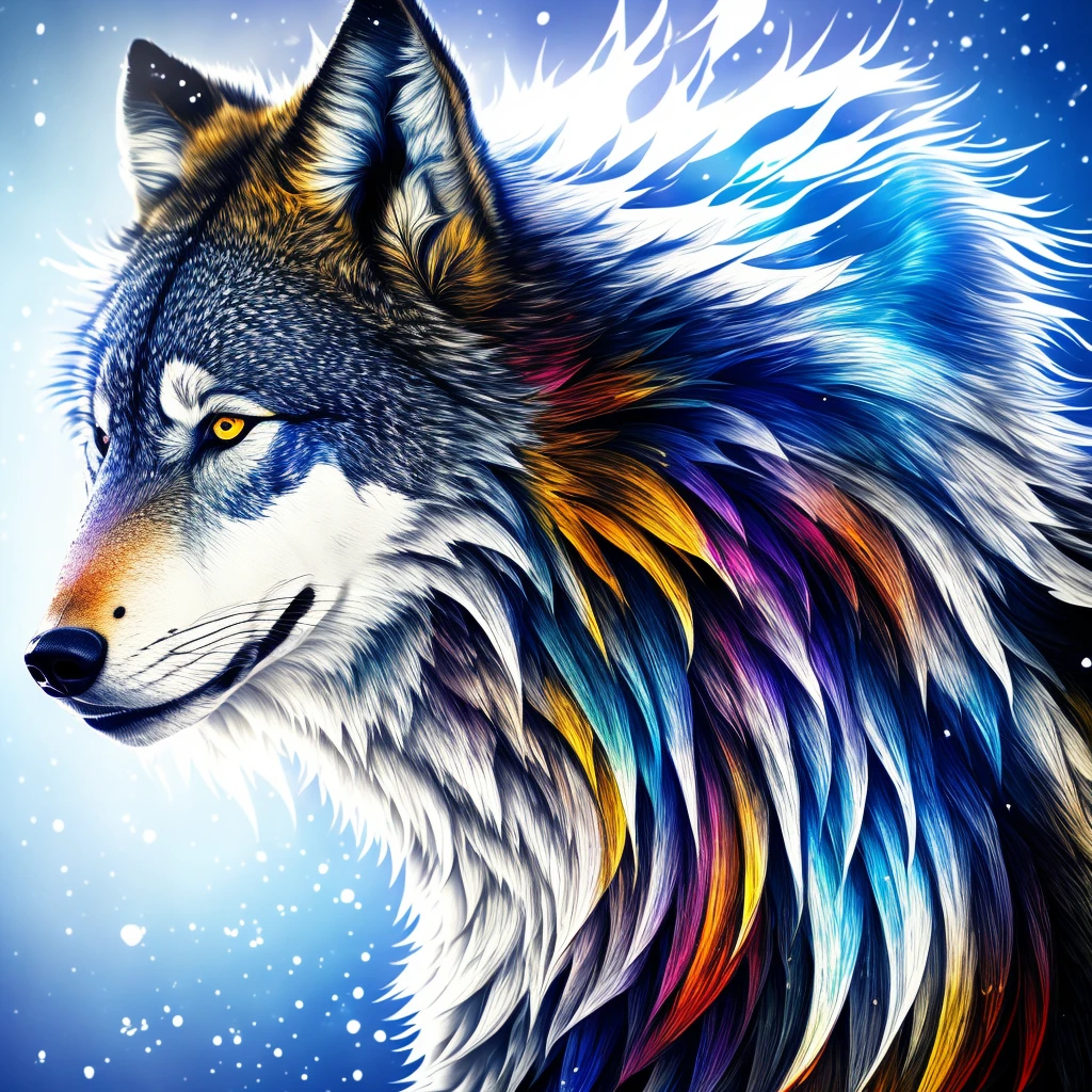 ink splash of a powerful anime style highly detailed colorful wolf, in profile, studio light, studio shot, 50mm camera, white background