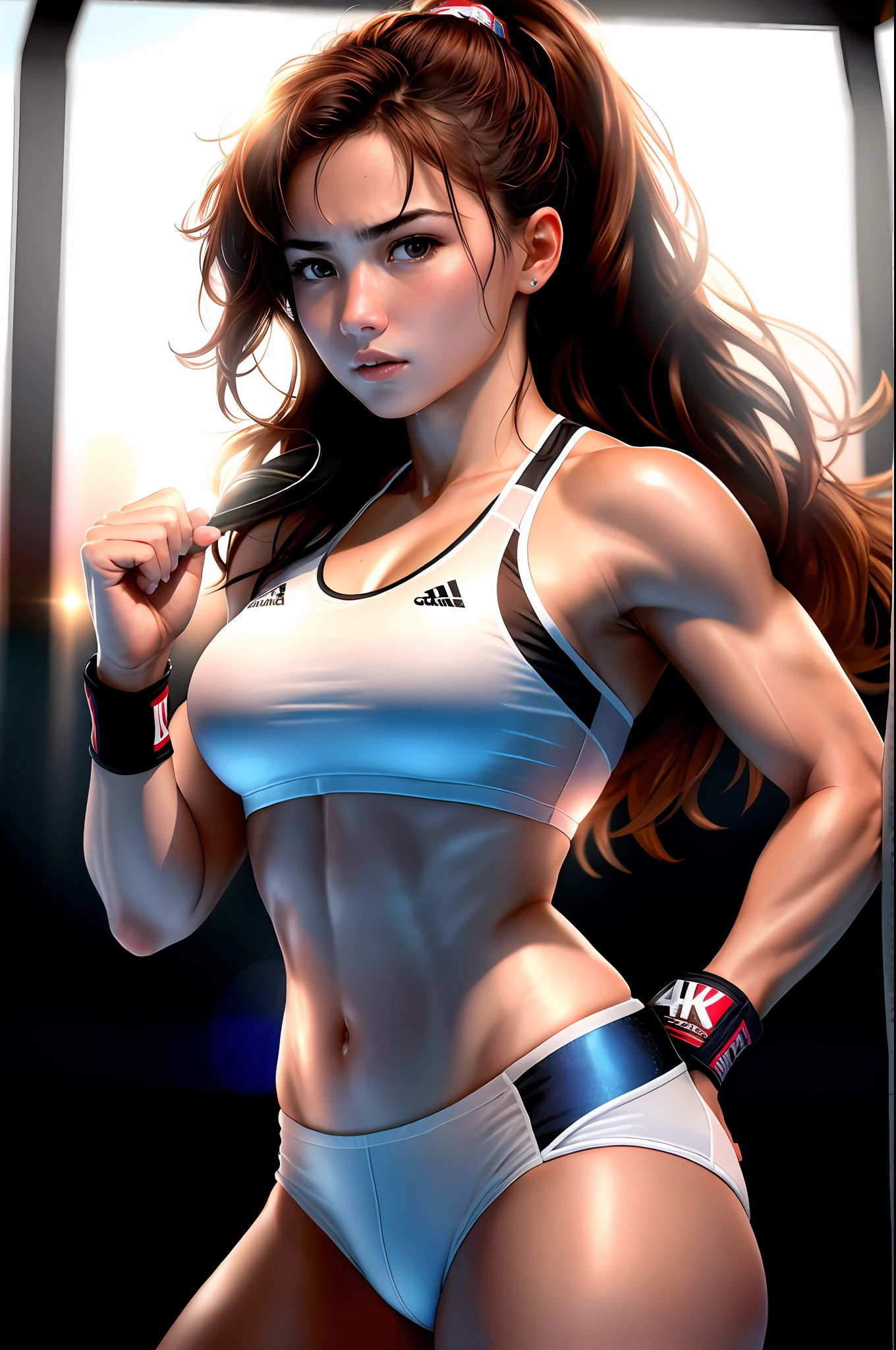 "Ultra high definition, 4K photography, better realistic quality, with backlighting that highlights the elegant small-chested female figure, which highlights her high size and prominence, boxing clothes, punching, brave face