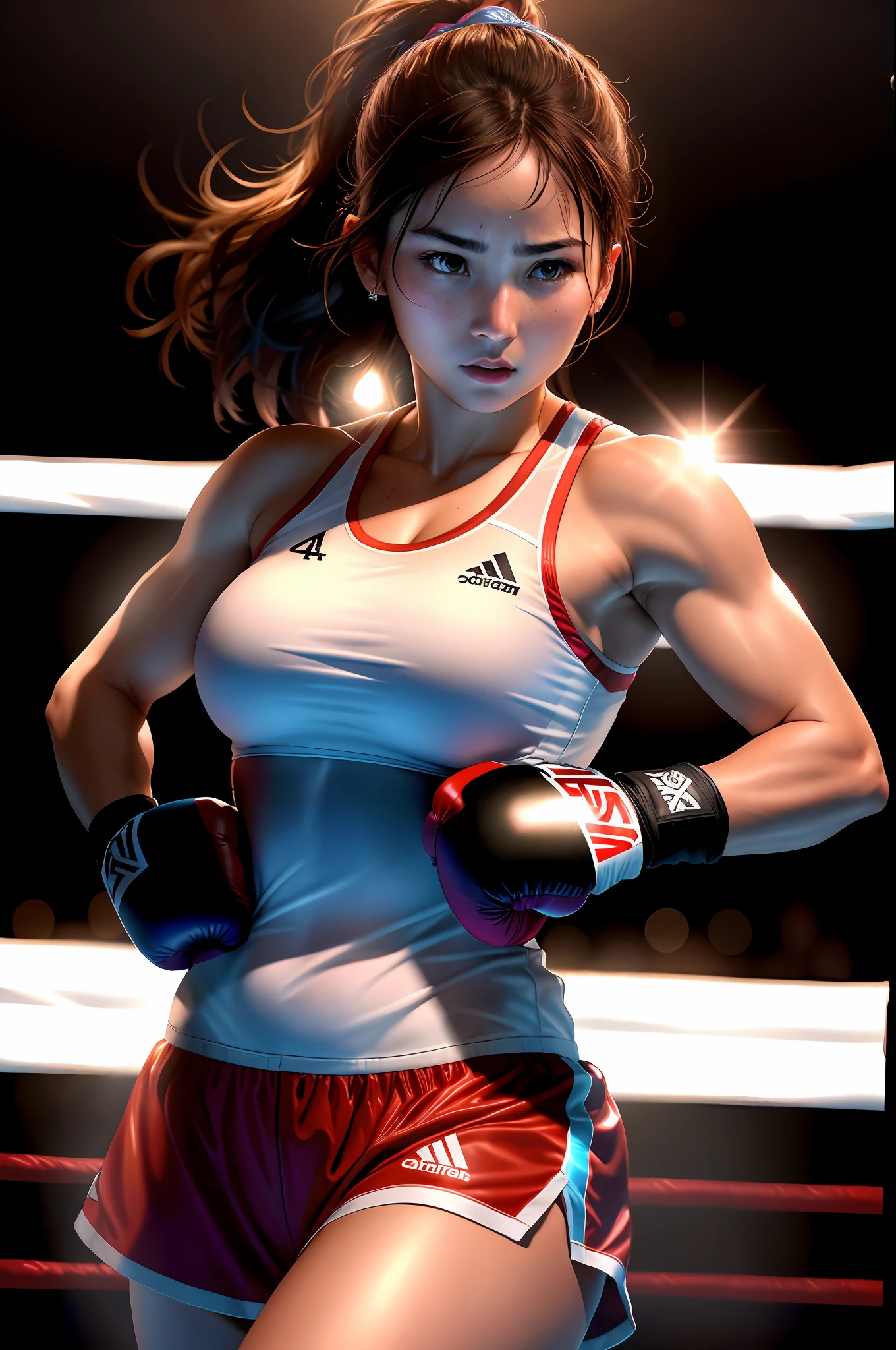 "Ultra high definition, 4K photography, better realistic quality, with backlighting that highlights the elegant small-chested female figure, which highlights her high size and prominence, boxing clothes, punching, brave face