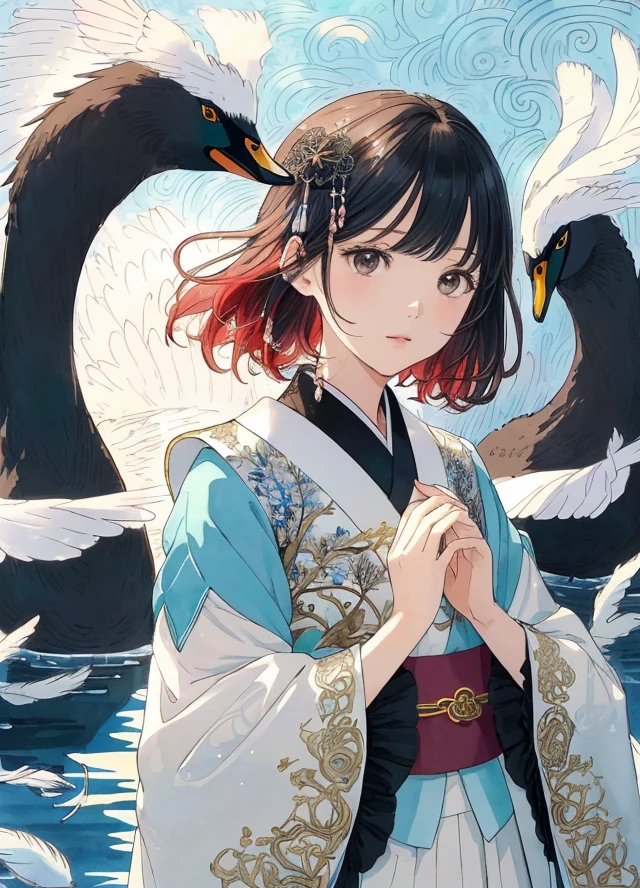 (by Miwa Komatsu:1.4),(by Yuko Higuchi:1.3),(by Miho Hirano),(masterpiece,best quality,官方艺术,美丽和审美:1.2),(ultra-detailed),finely detail,best illustration,hand drawn high quality,(High contrast),(clean lines:1.3),(lineart),line drawing,(Intricate lines),ligne claire,pen and color ink drawing,simple colorful color matching,dynamic angle,(portrait,above the chest,extremely close-up:1.2),(A little girl with black swans:1.2),detailed black swans,(red hair),black eyes,Hanfu,ancient Chinese clothing,裙子上有复杂的花纹图案,flat chest,jewelry,(She is surrounded by swan feathers and Floating water:1.1),(Light and elegant color scheme),(Intricate details),(detailed background:1.2),The intricate pattern,High Resolution,Art Deco,Decorative,luxury,elegant,by Pegacon Lee,by yoshitaka amano