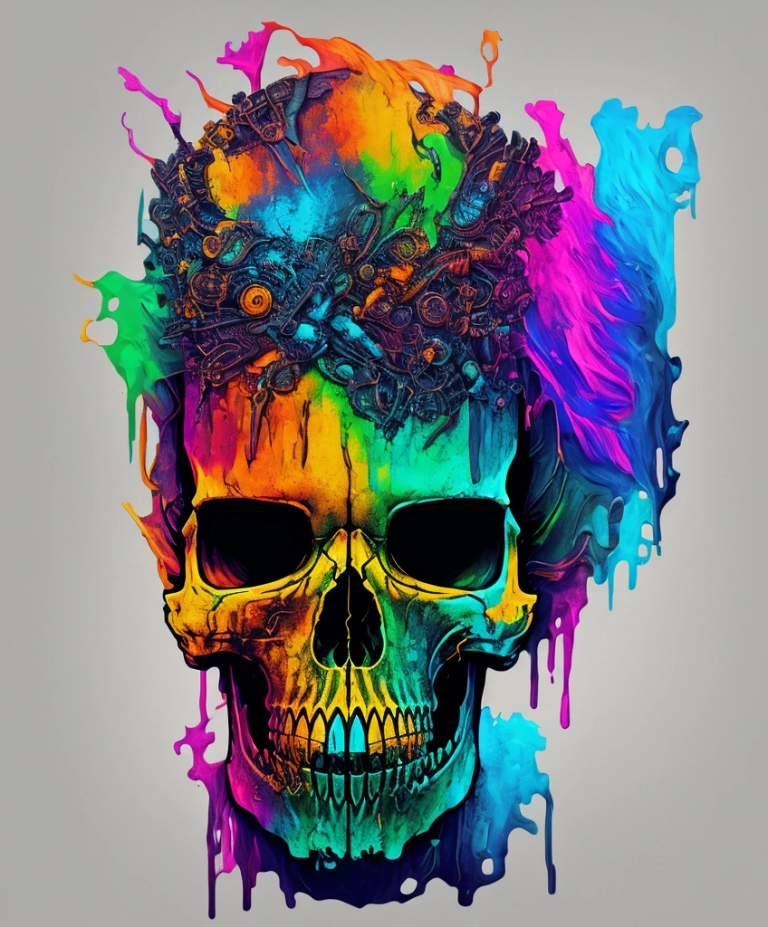 (a portrait of Cyberpunk one skull with colorful fluid l:1) , t-shirt logo in the style of tapered fine outline, orthographic-view, art on (empty background:1.4)