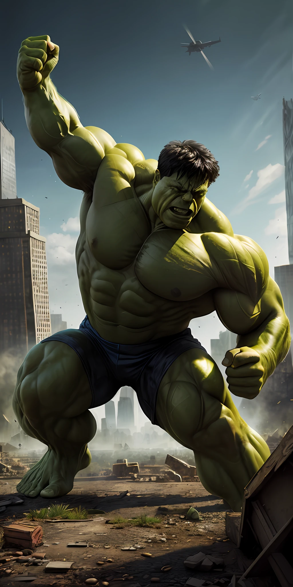 hulk (( super strong )), masterpiece, best quality, ultra-detailed, ground, destroyed city background, shadows, contrast, clear sky, analog style (look at viewer:1.2) (skin texture) (film grain:1.3), ultra-high resolution, octane render, 16k
