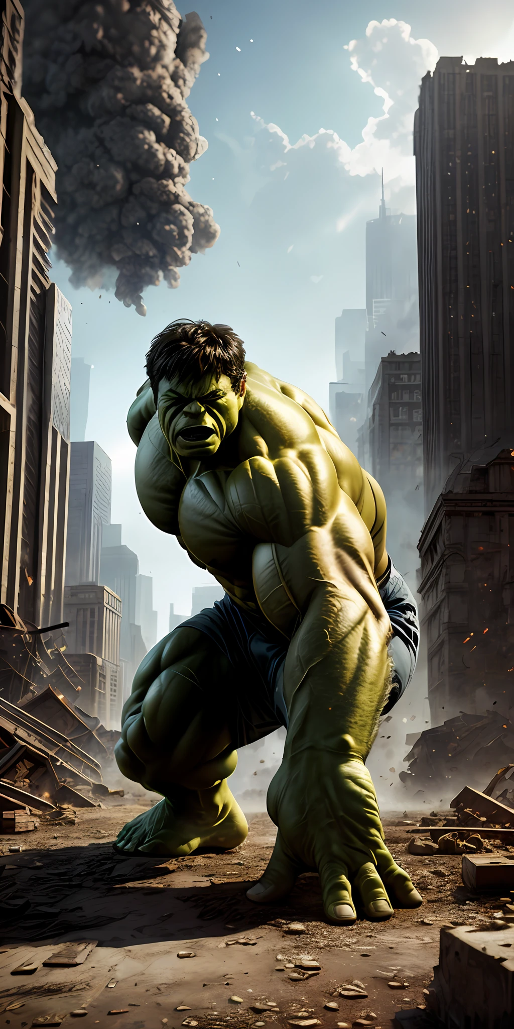 hulk (( super strong )), masterpiece, best quality, ultra-detailed, ground, destroyed city background, shadows, contrast, clear sky, analog style (look at viewer:1.2) (skin texture) (film grain:1.3), ultra-high resolution, octane render, 16k