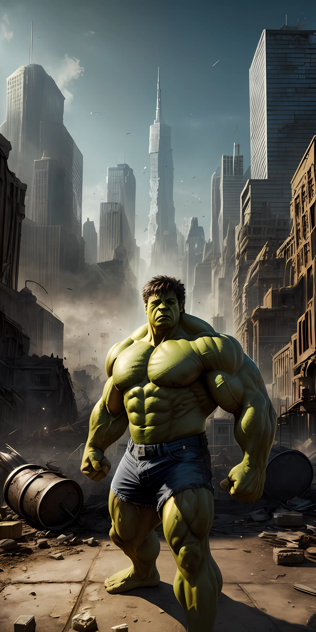 hulk (( super strong )), masterpiece, best quality, ultra-detailed, ground, destroyed city background, shadows, contrast, clear sky, analog style (look at viewer:1.2) (skin texture) (film grain:1.3), ultra-high resolution, octane render, 16k