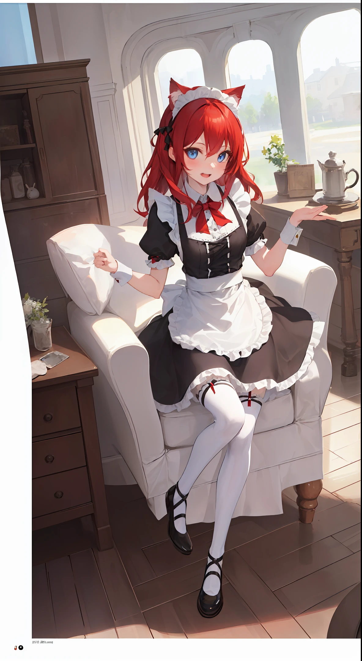 a catgirl, red hair, blue eyes, maid dress