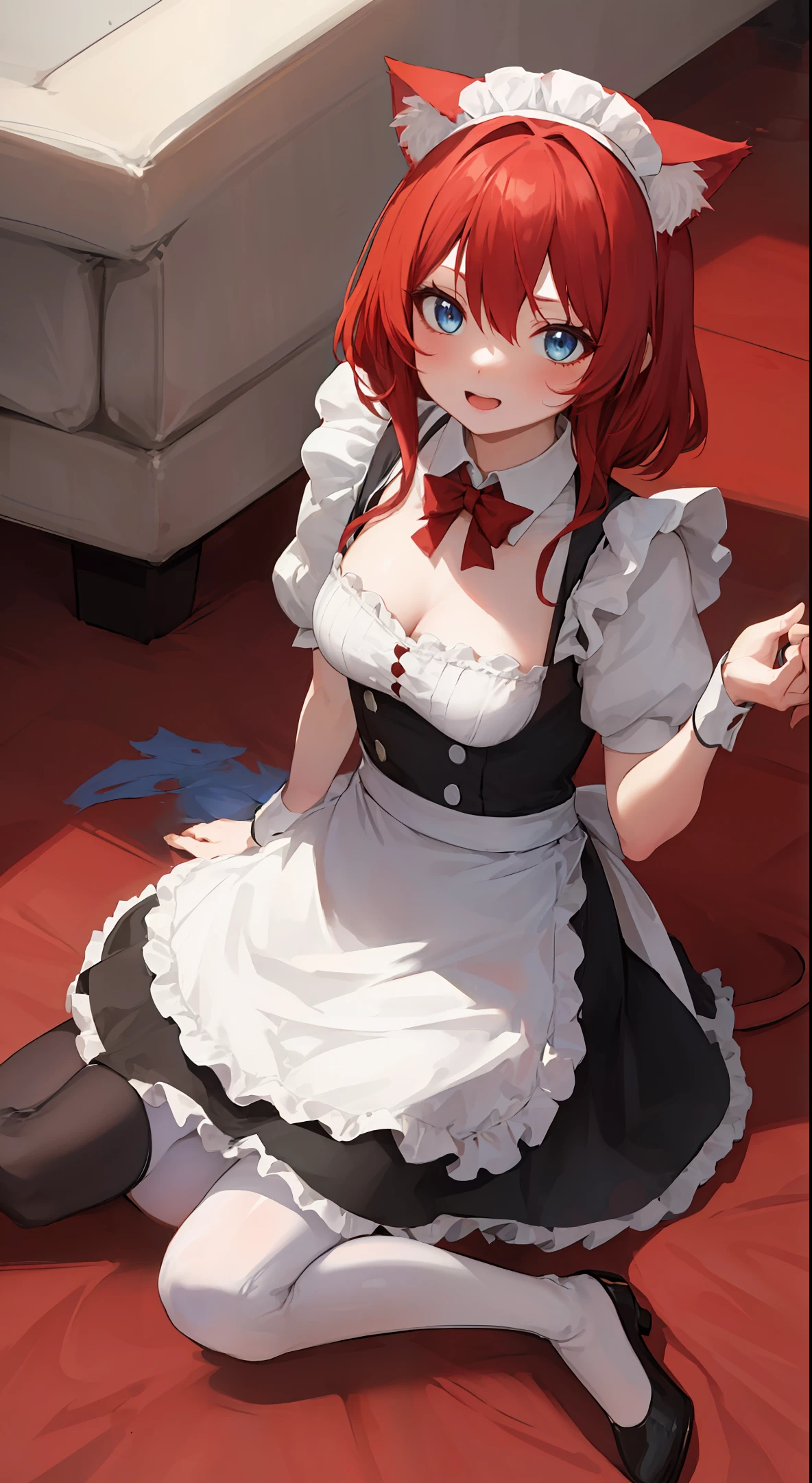 a catgirl, red hair, blue eyes, maid dress