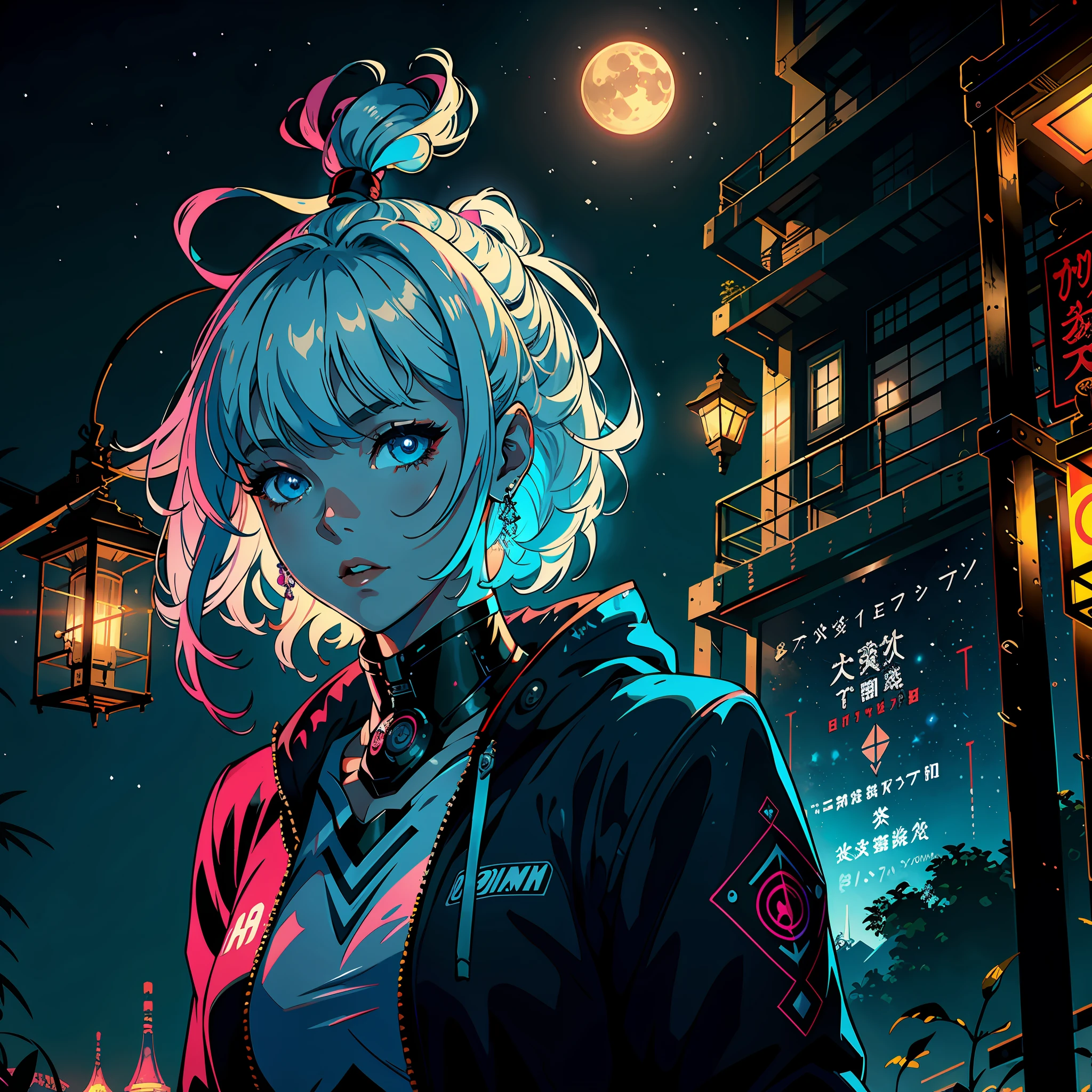 ,1girl, solo, girl , futuristic outfit, neon samurai, very beautiful cyberpunk samurai, cyberpunk samurai, style of ghost blade, victo ngai cyberpunk style, neon cyberpunk style, cyberpunc, neon cyberpunk, technomancer, video game character, synthwave image, cyberpunk voodoo, neon glow concept art,moon, lantern, night, solo, outdoors, sky, full moon, rain, mountain, cloud, paper lantern, night sky, bangs, tree, reflection, cloudy sky, {{(masterpiece),(extremely detailed CG unity 8k wallpaper),best quality,solo,cinematic lighting,detailed background,beautiful detailed eyes,bright pupils, (an extremely delicate and beautiful),(Beautiful and detailed eye description),ultra-detailed,masterpiece,}}, detailed eyes, beautiful eyes, realistic eyes, nice eyes, perfect eyes