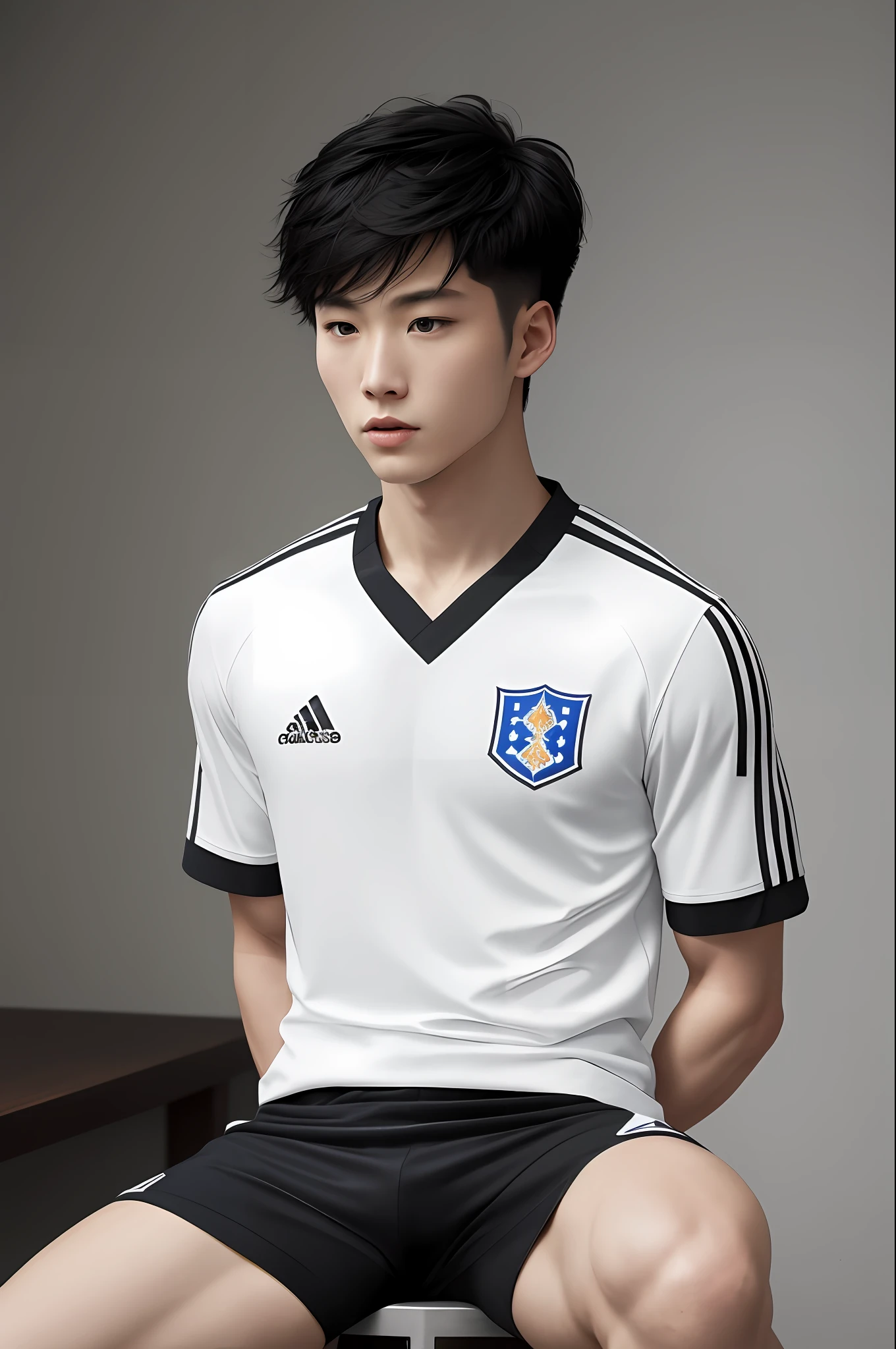 solo, male focus, 1boy, shinjichair, sitting, head down, short black hair, 1boy, (masterpiece, ultra quality, high resolution, 8k, intricate: 1.2), (detailed face:1.2), handsome, Young Korean man ,white skin, double eyelids , detailed skin, 1boy, ((realistic)), abs, good lighting quality, muscle veins, ((pale skin)),wearing tight soccer uniform