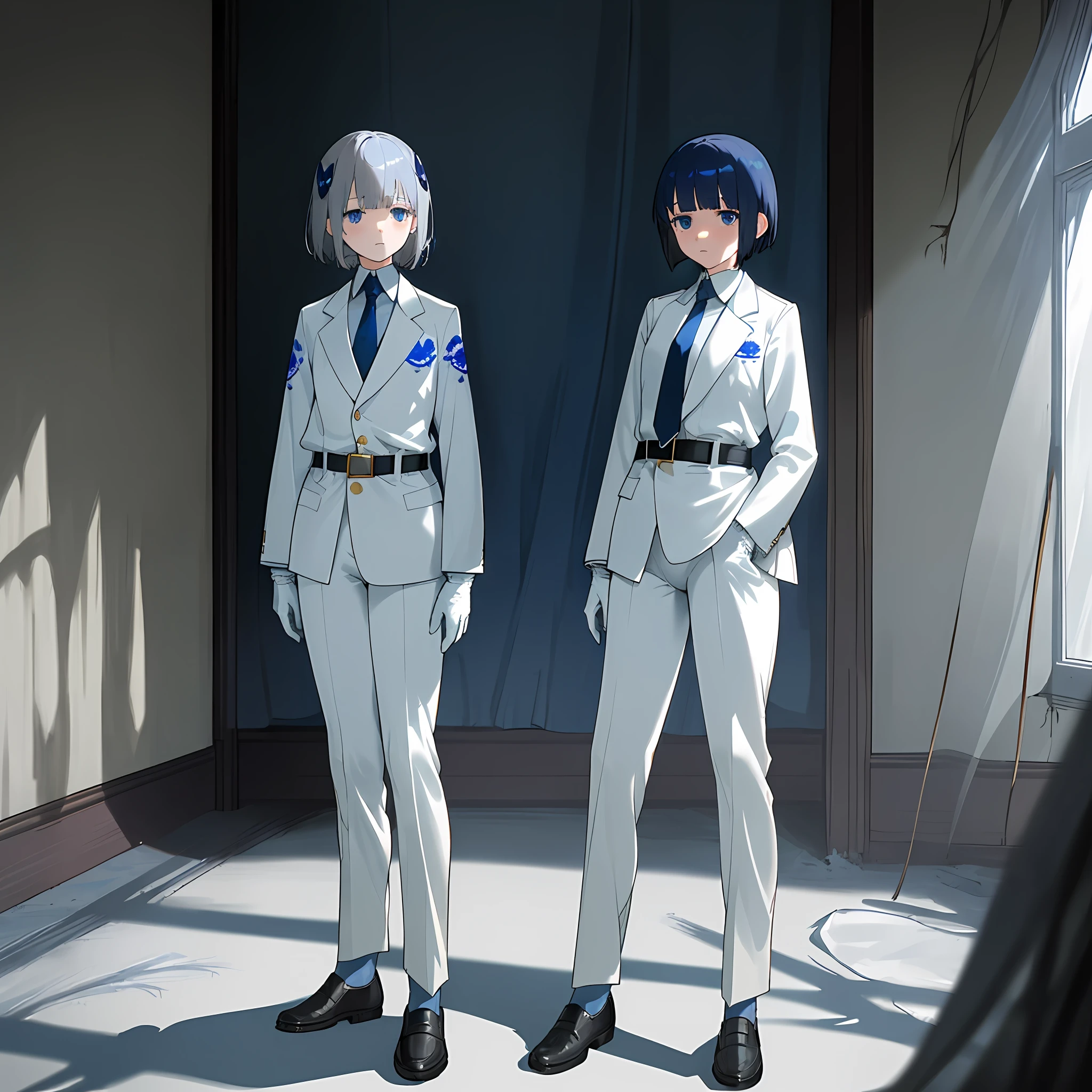 Height 150 cm, white business suit, dark blue tie, white gloves, AA cup, scars on the face, expressionless, slanted eyes, girl, short-haired, thin, blunt bangs, eyes without highlights, white business pants, black belt, white to knee length with dark blue lining with golden embroidery, unhealthy and snow-white skin, with no skin except the face, gray hair, shadows under the eyes, Late teens, dimly lit abandoned room, bad looking, shaded, blue pansy hair ornament, empty eyes, expressionless, long sleeves, legs a little thick, buttocks a little big, dark blue eyes, standing