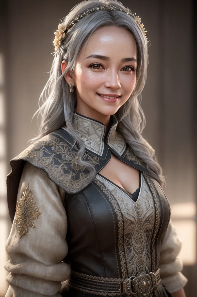 Standing beautiful girl, graying hair, contrast, texture, realism, high quality, film grain, FUJIFILM XT3, crazy detail, intricate detail, hyper detail, soft cinematic light, adobe light, photowrap, complex, very detailed, muted color, crazy detail, intricate detail, hyper detail, soft cinematic light, adobe light, photolab, complex, very detailed, muted color, masterpiece, (close-up portrait of a girl smiling widely), deep wrinkles at the corners of the mouth, (backlit), (complex, octane rendering, highly detailed, 8K, HDR, UHD, high quality, professional, Unreal Engine, trendy in artstation), lens flare, shadow