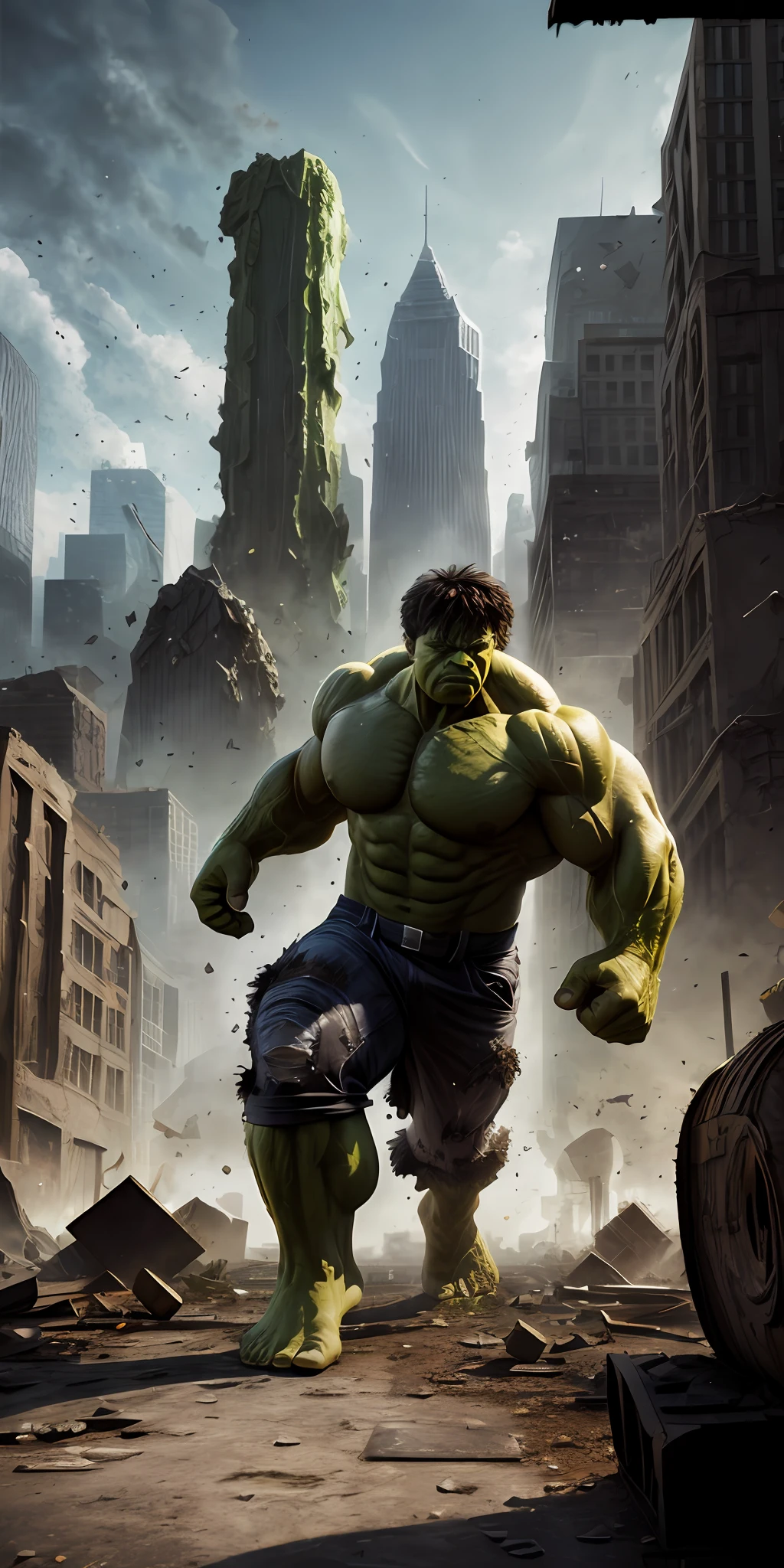 hulk (( super strong )), masterpiece, best quality, ultra-detailed, ground, destroyed city background, shadows, contrast, clear sky, analog style (look at viewer:1.2) (skin texture) (film grain:1.3), ultra-high resolution, octane render, 16k