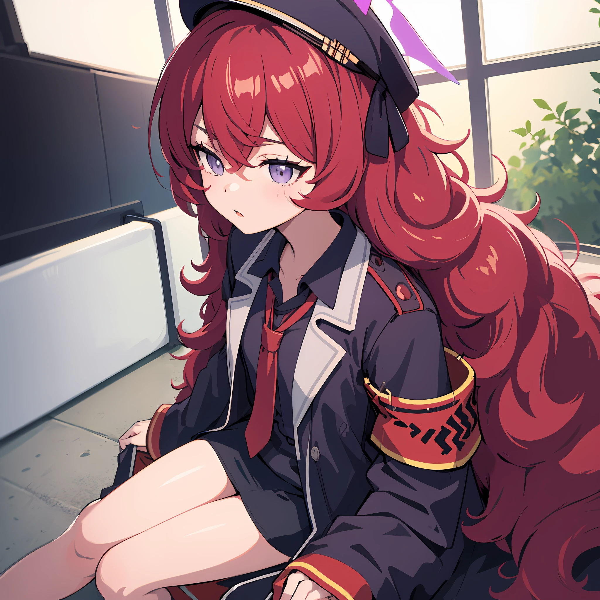 Masterpiece, best quality, strong outlines, portrait a girl, sitting, legs crossed, thight highs, Iroha, portrait, 1girl, li, (solo), solo focus, face focus, red super long hair, red color hair, wavy hair, beautiful detailed eyes, grey eyes, purple halo, beautiful, military black uniform, office, backlight, close view, low perspective, (8k) perfect anatomy, no extra limbs