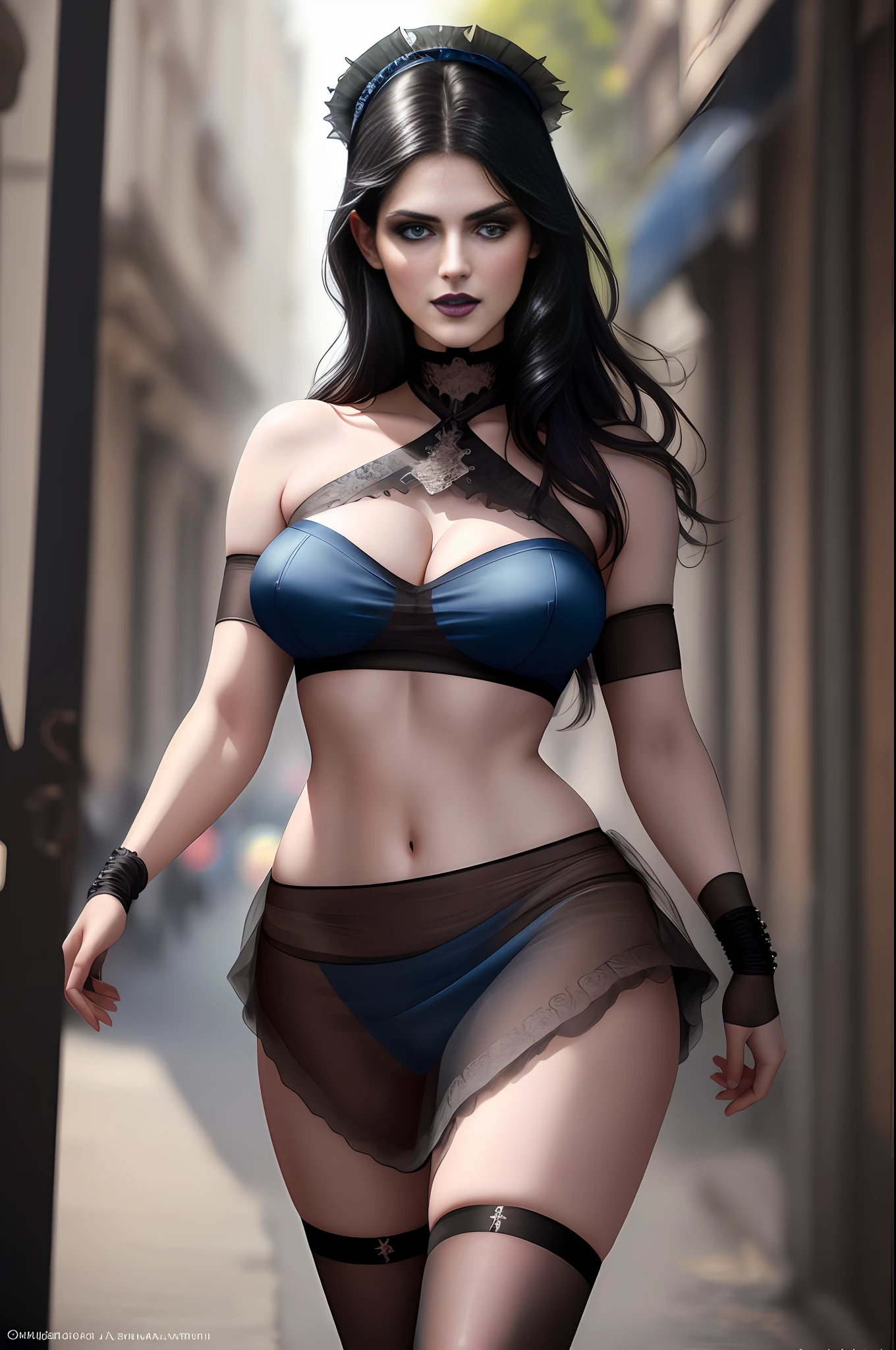 Alexandra Daddario ultra realistic, big round breasts, hard and pointy, beautiful and provocative, detailed vibrant blue eyes, thin waist, (black colored hair, black lipstick, smoky makeup), a beauty without equal. wears a crepe t-shirt (muslin fabric, chiffon, organza), short black skirt round, sensual, beautiful, slender and elegant, walking on a road, provocative poses, seducing, naughty smile, look and provocative face, (realistic and detailed photo, best quality, a masterpiece, 8K, strong and vibrant colors, color photo, hyper detailed), realistic style