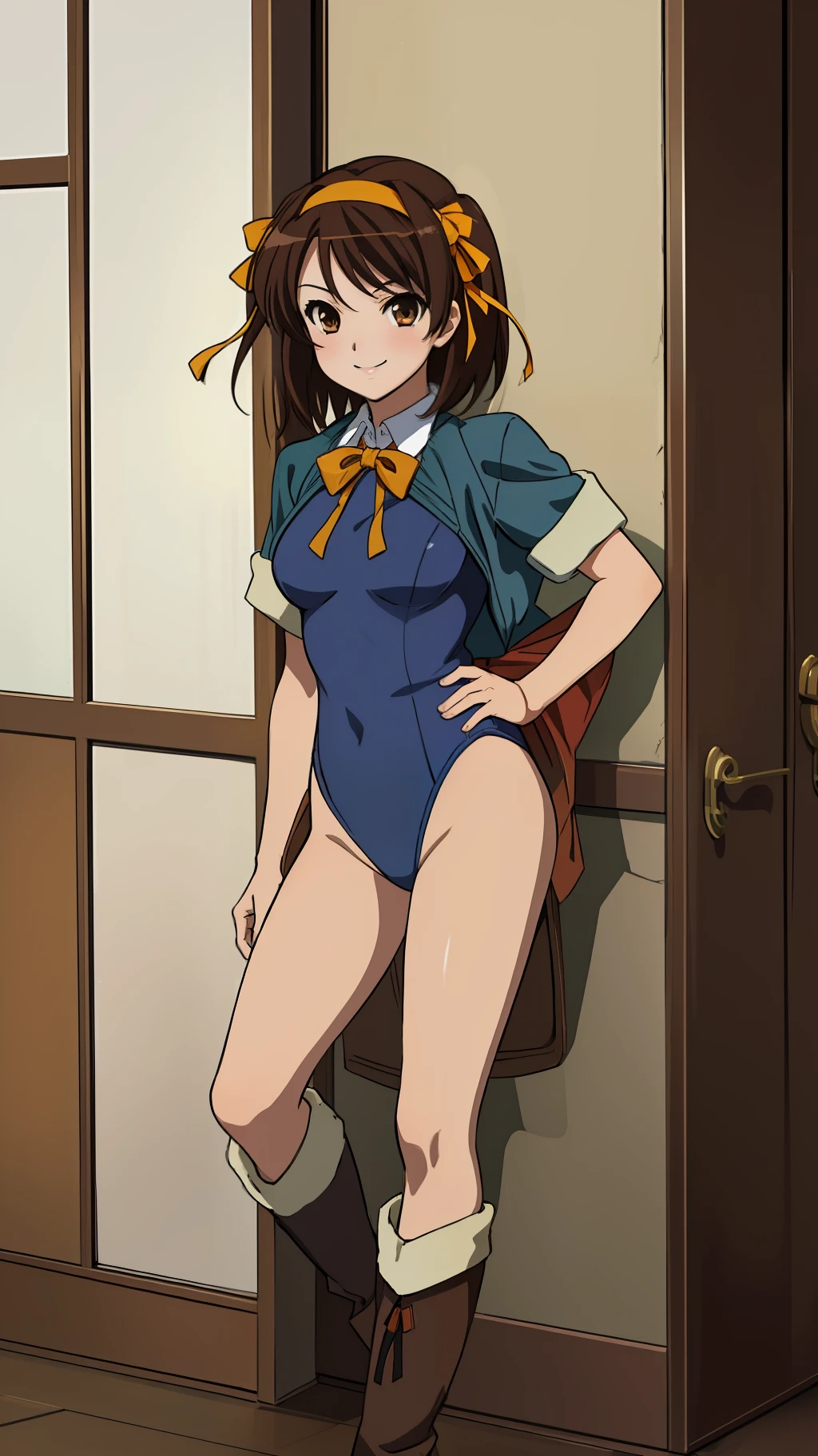 masterpiece, best quality, highres, 1girl, suzumiya haruhi, solo, superhero, leotard, bare legs, brown hair, short hair, brown eyes, hairband, medium hair, ribbon, boots, matching boots, medium breasts, cowboy shot, standing, smile,  kyoani haruhi style,