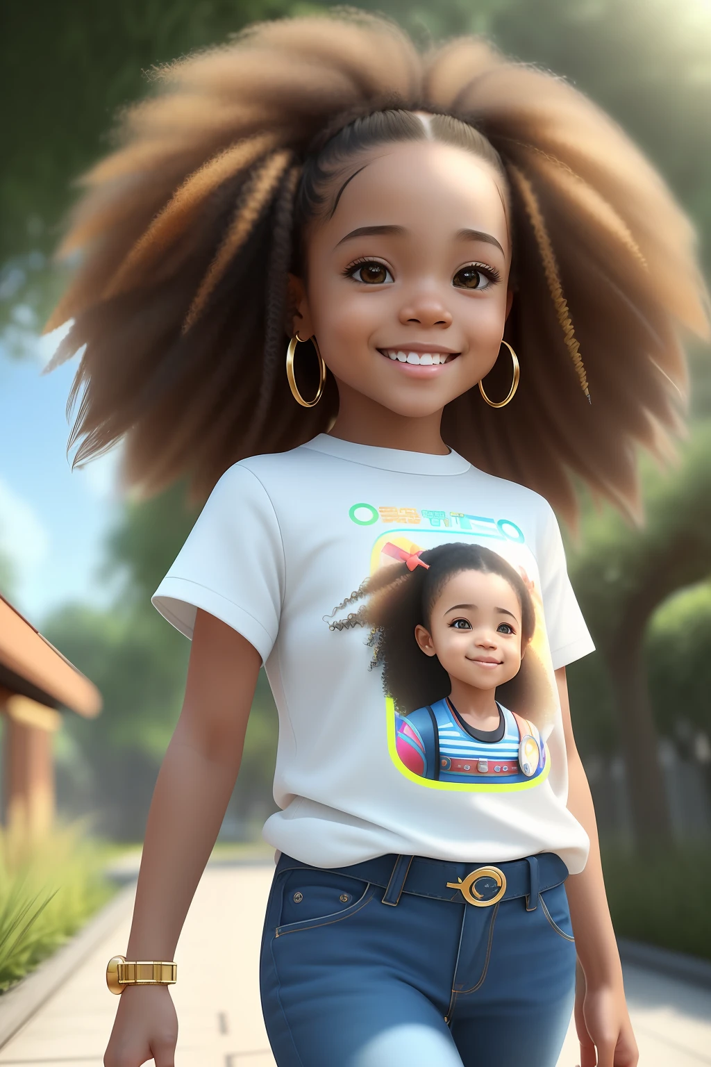 realistic portrait of one year old  with (dwarfism, Achondroplasia) cute futuristic afro (light brown skin color) cute, cute smile, ((walking)), [chibi], wearing T-shirt and jeans, current fashion, long hair mega hair kanekalon com, ((jewelry, watch)), garden background, close-up, product view, detailed facial details, perfect face, trend art, sharp facial details, cgsociety, ultra-quality digital art, hyper-exquisite details , 4k, 8k soft lighting , dreamy, fashion, engine rendering unreal -
