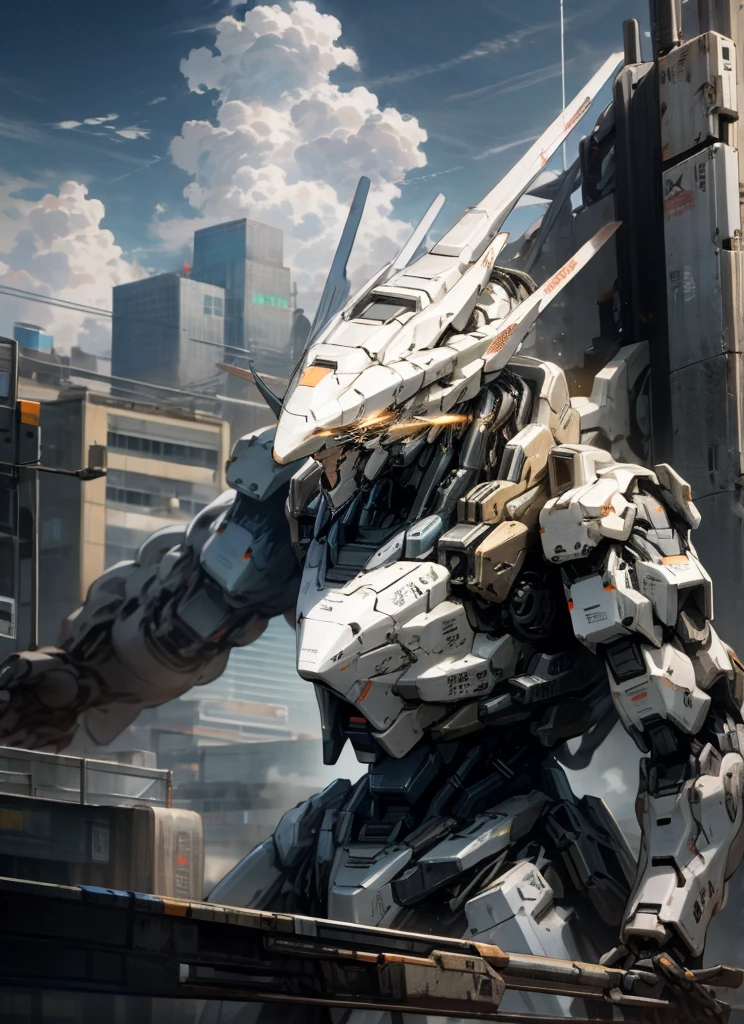 sky, cloud, holding_weapon, no_humans, glowing, , robot, building, glowing_eyes, mecha, science_fiction, city, realistic,mecha