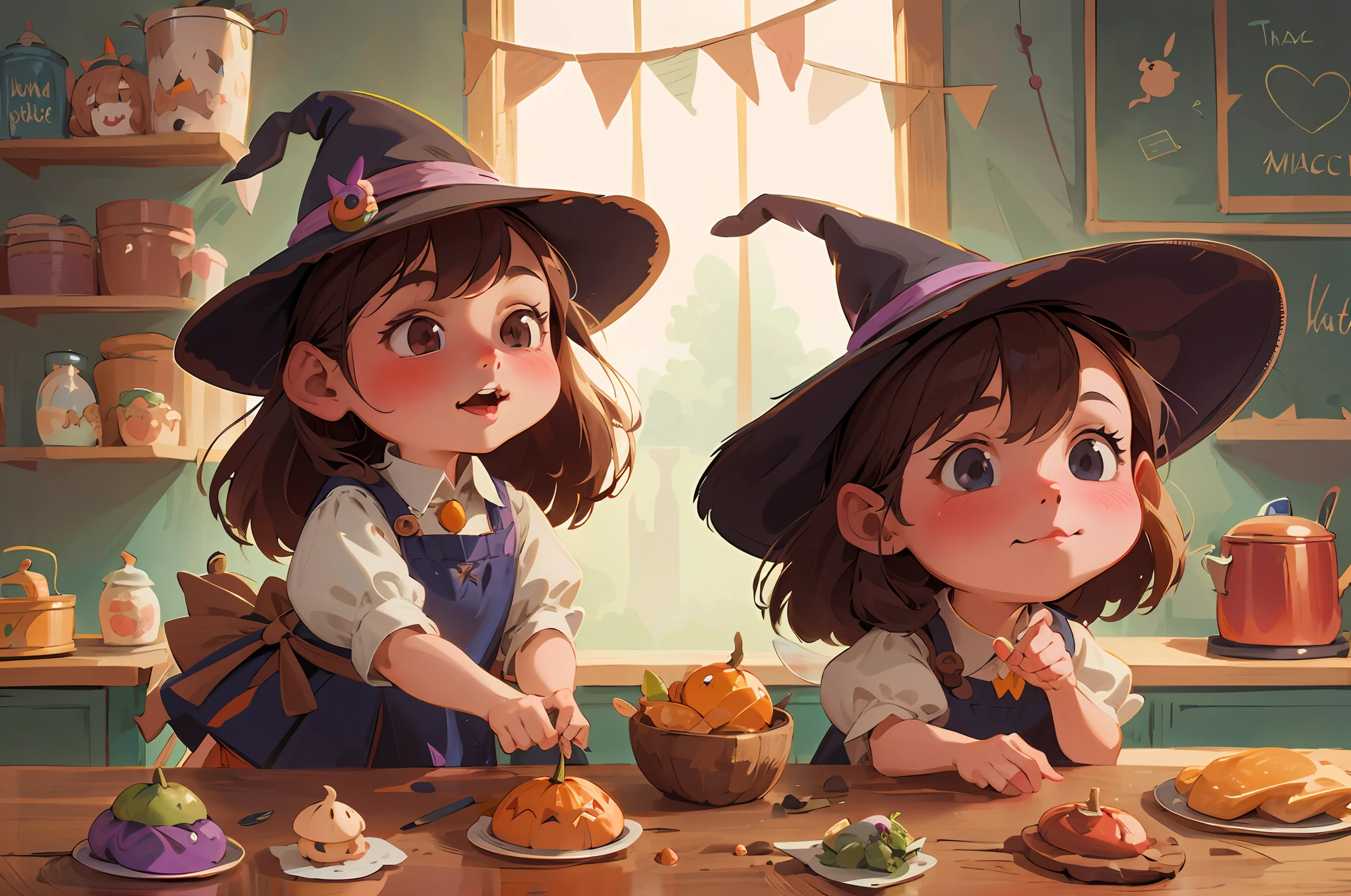 cartoon illustration of a girl in witch hat preparing food, children&#39;s art in artstation, witches, halloween art style, witch girl, adorable digital painting, cute art style, children&#39;s book illustration, witch academy, detailed digital art cute, illustration concept art, magic fantasy 2d concept art, children&#39;s book illustration, witch fairy tale, cute digital art, 2d illustration