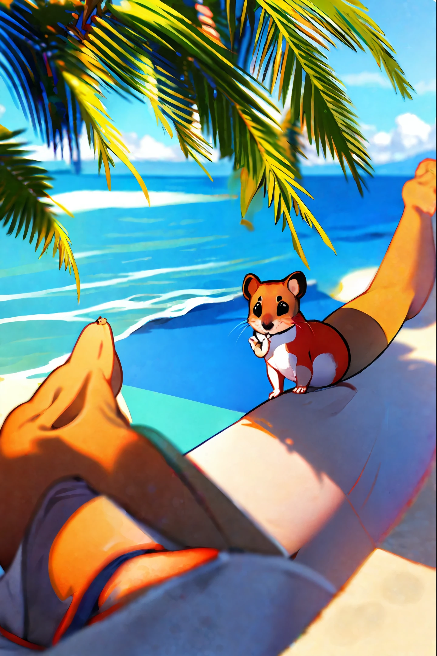 a funny little hamster wearing Hawaiian clothes on a beach scenery