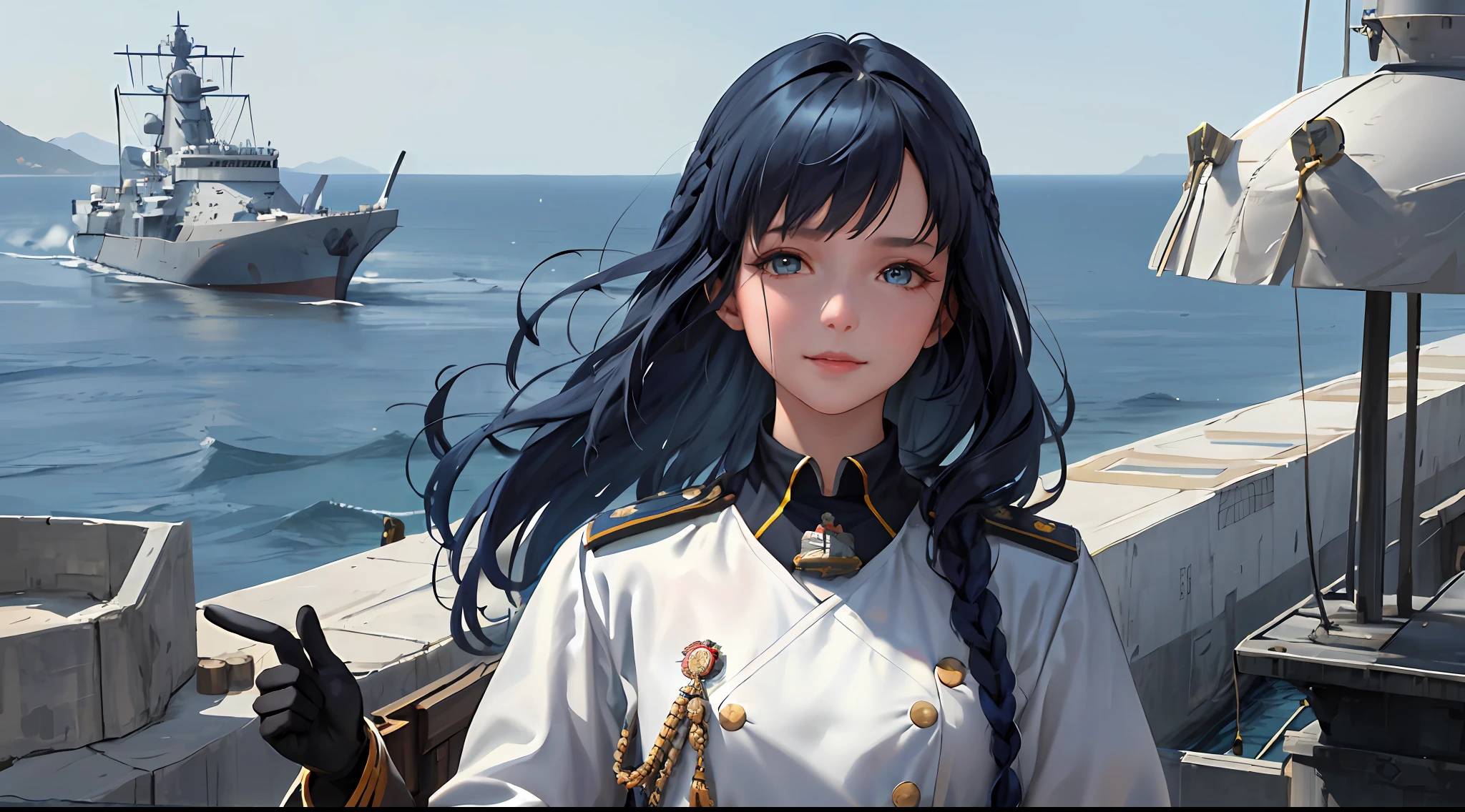 Modest outfit, remote shot, detailed beautiful delicate face, detailed beautiful delicate eyes, perfect facial proportions, high-definition skin, fine skin, four-inch best ratio. With one thumb, masterpiece, highly detailed, realistic, (WWII German naval general uniform reference : 1.8), highest facial resolution, 26 years old, modestly dressed woman, covertly dressed. ,( small, dark blue hair, long hair and super detailed bangs, dark blue eyes), futuristic, science fiction, warship, standing on a warship, government agency, hilarious personality, smiling face. ,war