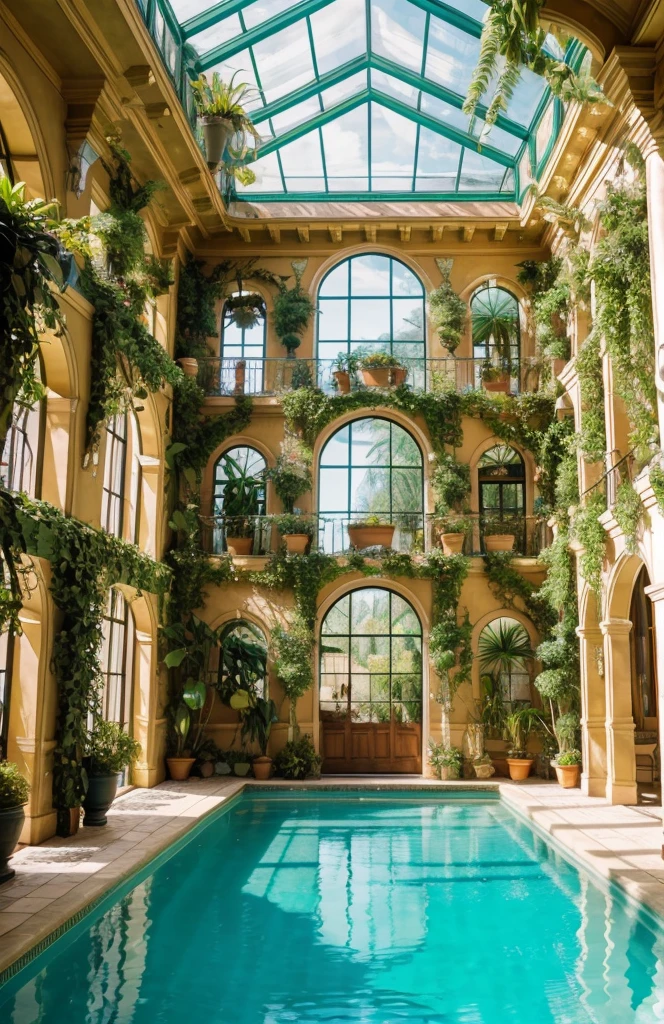 Architectural Digest photo of a maximalist green {vaporwave/steampunk/solarpunk} indoor swimming pool in a HOUSE with flowers and plants, golden light, hyperrealistic surrealism, award winning masterpiece with incredible details, epic stunning