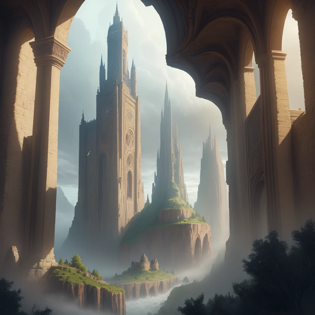 ((masterpiece)),((best quality)),((high detail)),((realistically,)) Industrial Age city, deep canyons in the middle, architectural streets, bazaars, bridges, rainy days, steampunk, European architecture,{{{Pixar style,4k, 8k, unreal engine,}}},Grandiose stage, tunnel of time and space, giant gray door with carved mysterious symbols and inscriptions. Through the door you can see a huge magical world. Strange creatures, magical terrain and mysterious atmosphere. Thick fog, a mysterious castle that goes into the clouds, surrounded by magical powers. Dancing elf. It seems that there is life in the spring, and the flow of water is controlled and takes on various strange forms. In the distant sky, mysterious and colorful colors, beautiful oil paintings, mysterious runes, strange creatures, magical auras,
