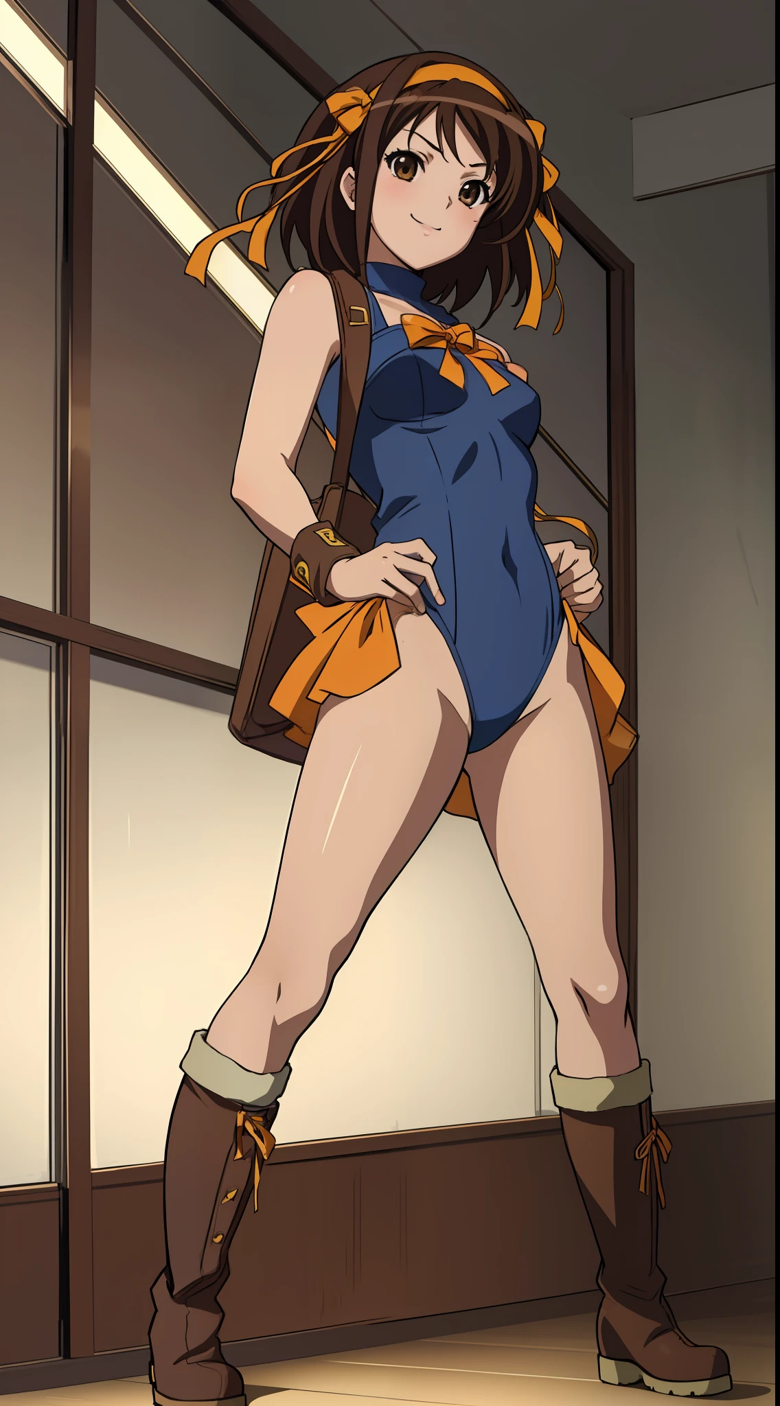 masterpiece, best quality, highres, 1girl, suzumiya haruhi, solo, superhero, leotard, bare legs, brown hair, short hair, brown eyes, hairband, medium hair, ribbon, boots, matching boots, medium breasts, cowboy shot, standing, smile,  kyoani haruhi style,