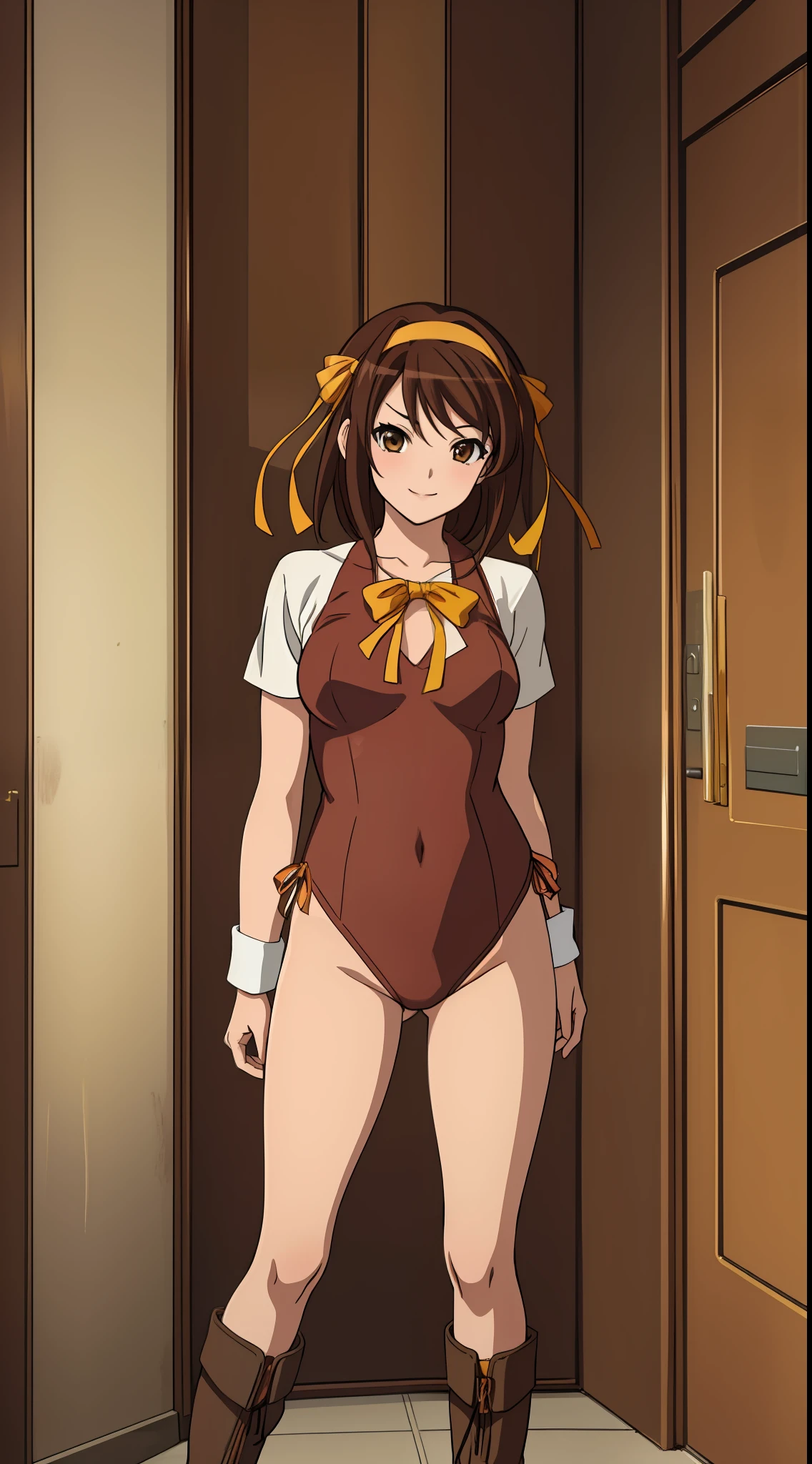 masterpiece, best quality, highres, 1girl, suzumiya haruhi, solo, superhero, leotard, bare legs, brown hair, short hair, brown eyes, hairband, medium hair, ribbon, boots, matching boots, medium breasts, cowboy shot, standing, smile,  kyoani haruhi style,