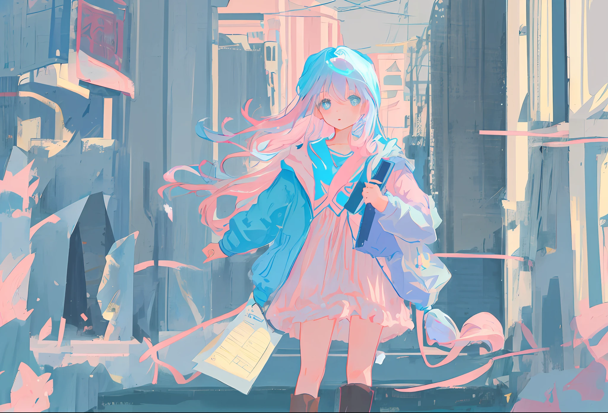 A girl with light blue long hair wearing a soft pink colour clothes, holding a diary.
