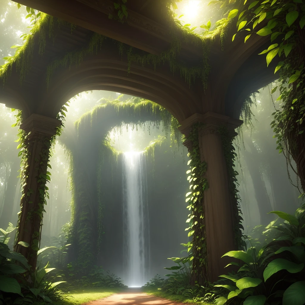 A jungle, sunny, monochrome, vines and flowers around, large and fruitful trees, masterpiece, best quality, high quality, extremely detailed 8k CG wallpaper, oil painting, award-winning photography, Bokeh, Depth of Field, HDR, bloom, chromatic aberration, photorealistic, extremely detailed, trend in artstation, trend in CGsociety, intricate, high detail, dramatic, art in the middle of the journey, volumetric lighting. Image size: 960 x 536
