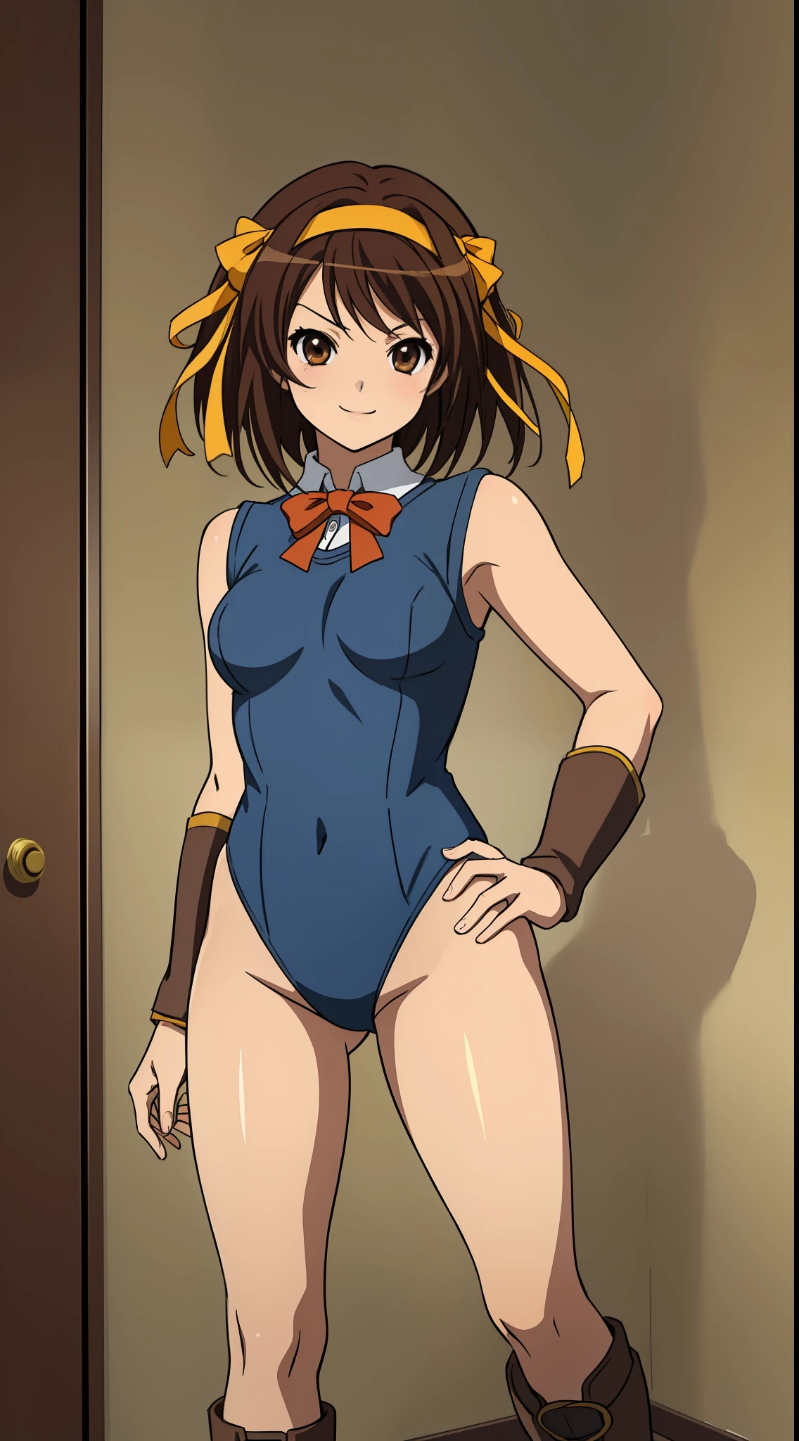 masterpiece, best quality, highres, 1girl, suzumiya haruhi, solo, superhero, leotard, bare legs, brown hair, short hair, brown eyes, hairband, medium hair, ribbon, boots, matching boots, medium breasts, cowboy shot, standing, smile, kyoani haruhi style,